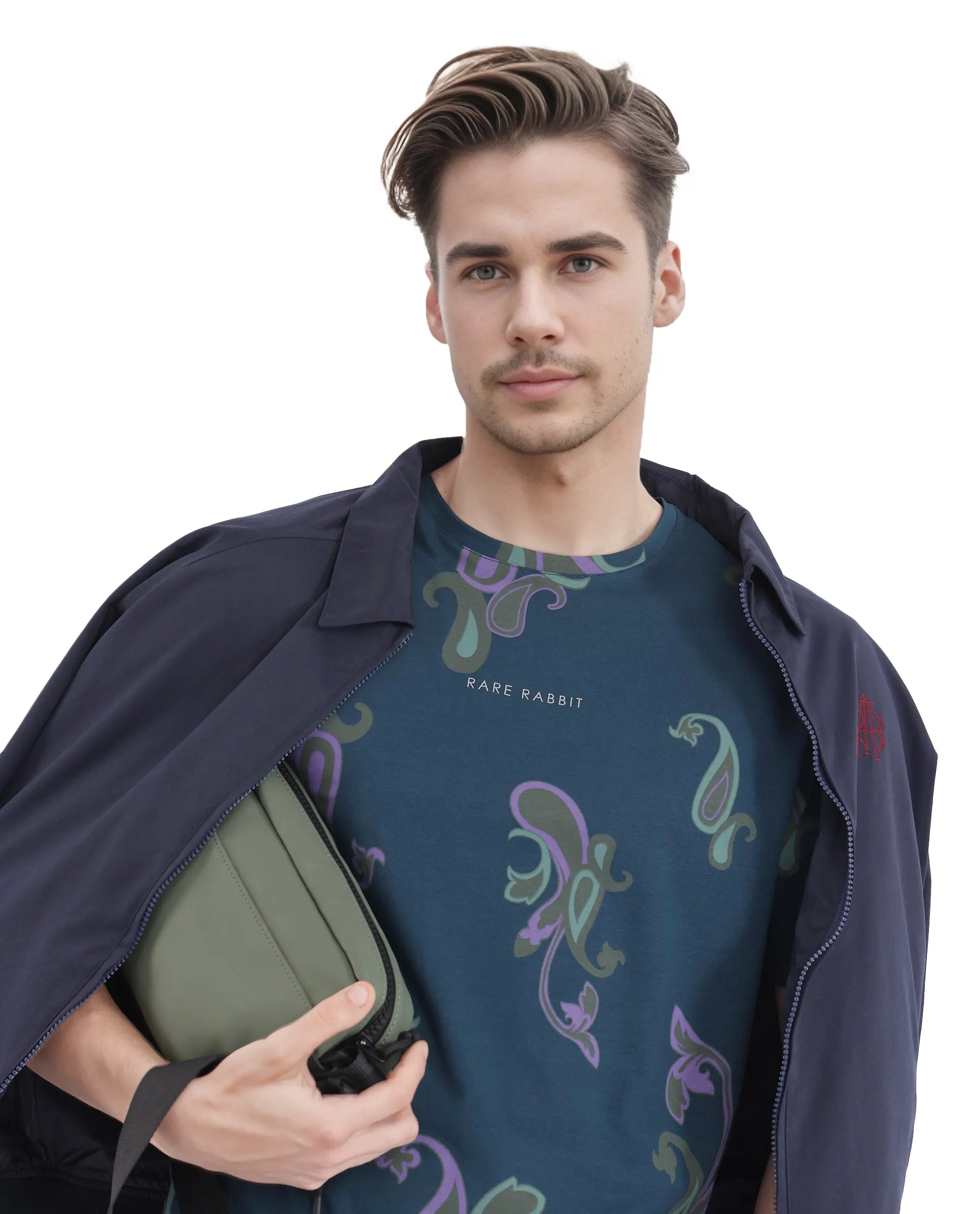 Rare Rabbit Men's Argus-1 Petrol Cotton Lycra Fabric Short Sleeve Crew Neck Graphic Print T-Shirt