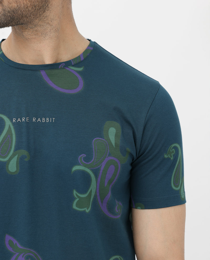 Rare Rabbit Mens Argus Petrol Short Sleeve Graphic Print T-Shirt