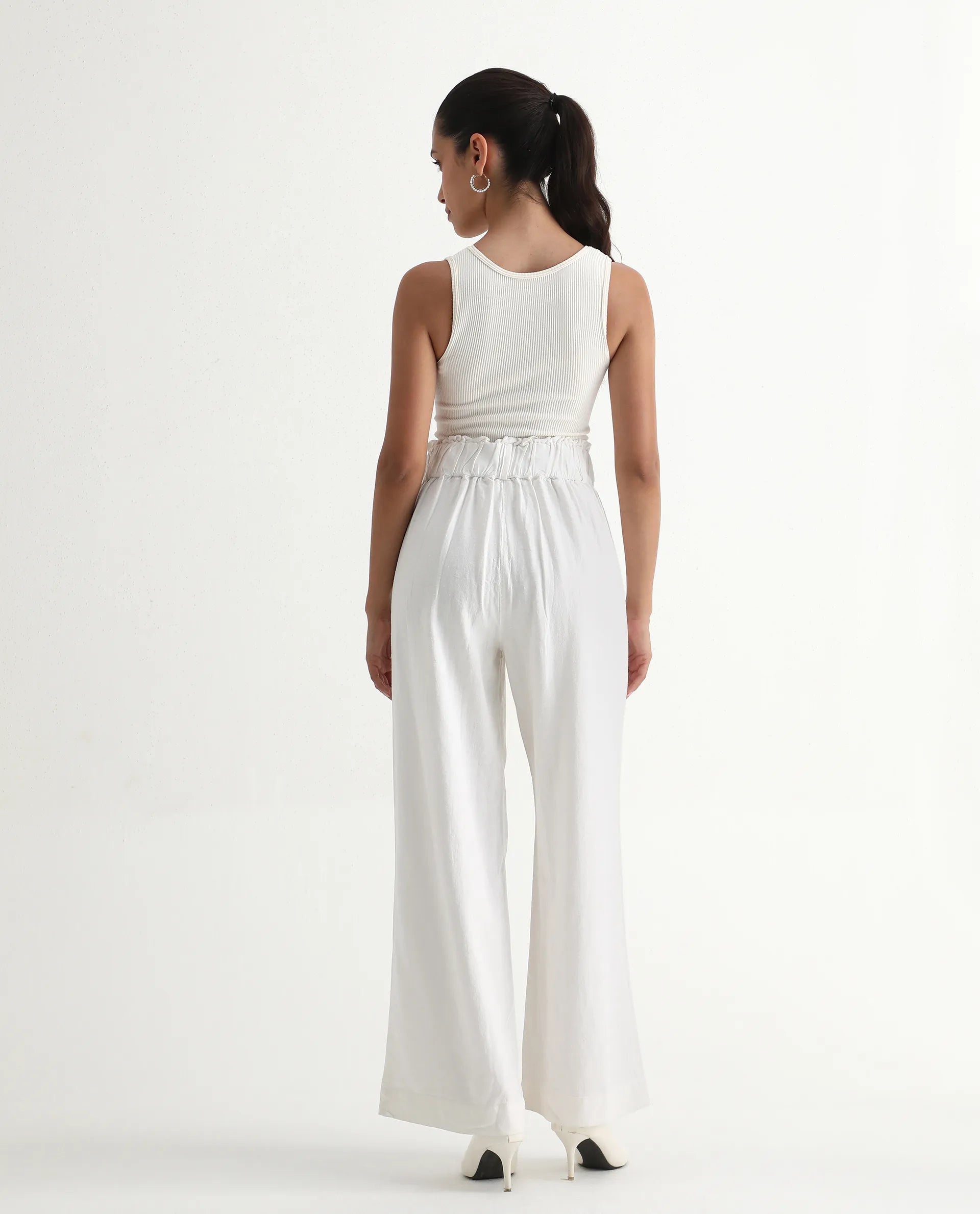 Rareism Women's Arid White Cotton Blend Plain Ankle Length Wide Trouser