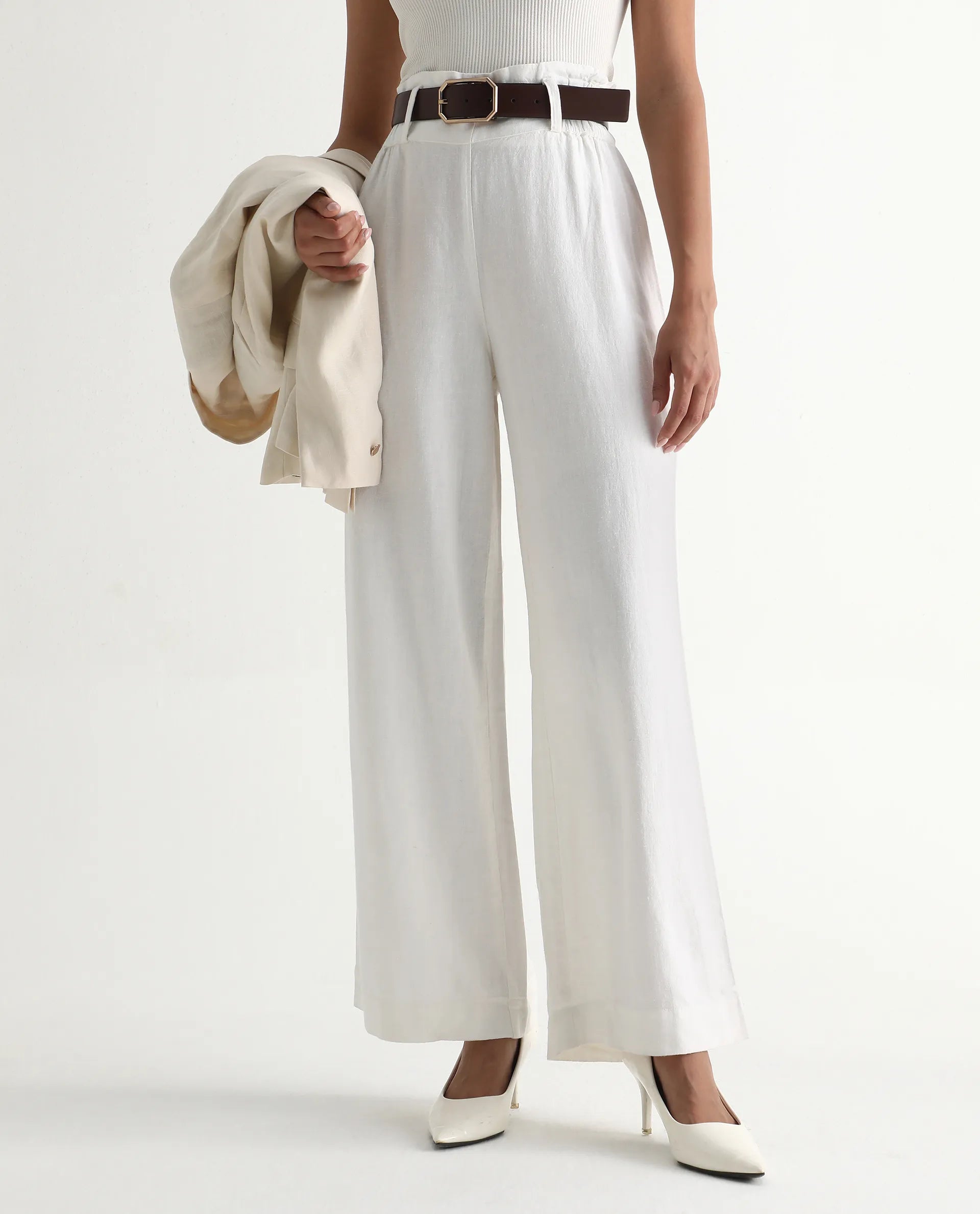 Rareism Women's Arid White Cotton Blend Plain Ankle Length Wide Trouser