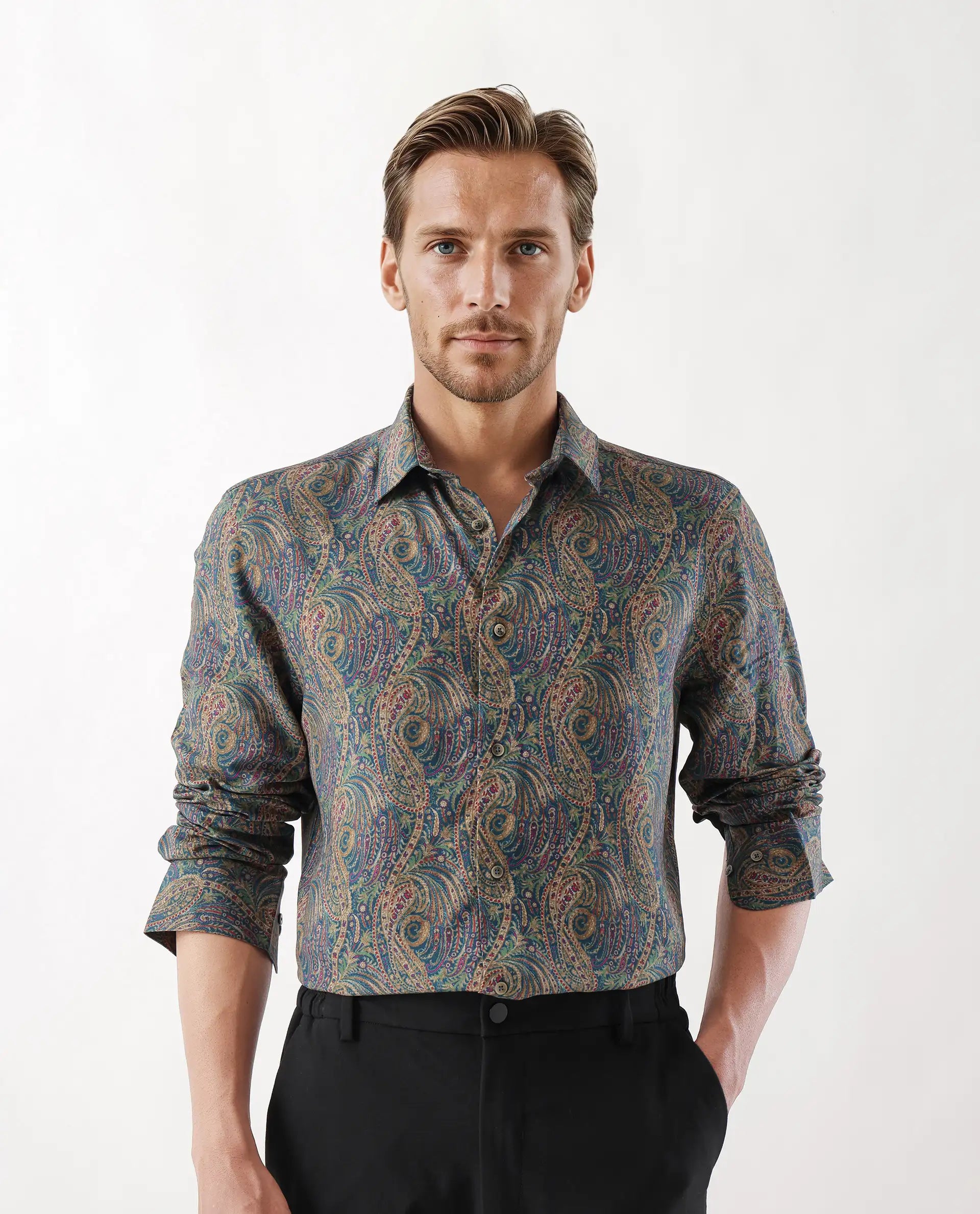 Rare Rabbit Men's Arieal Blue Viscose Blend Paisley Print Regular Fit Full Sleeve Collared Shirt