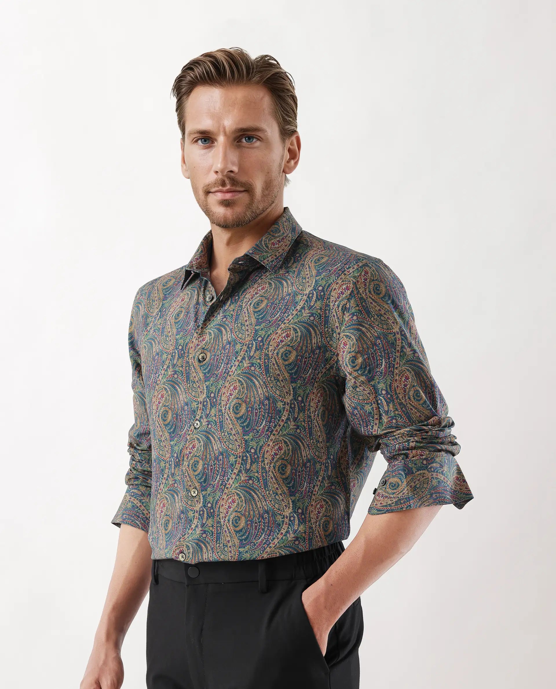 Rare Rabbit Men's Arieal Blue Viscose Blend Paisley Print Regular Fit Full Sleeve Collared Shirt