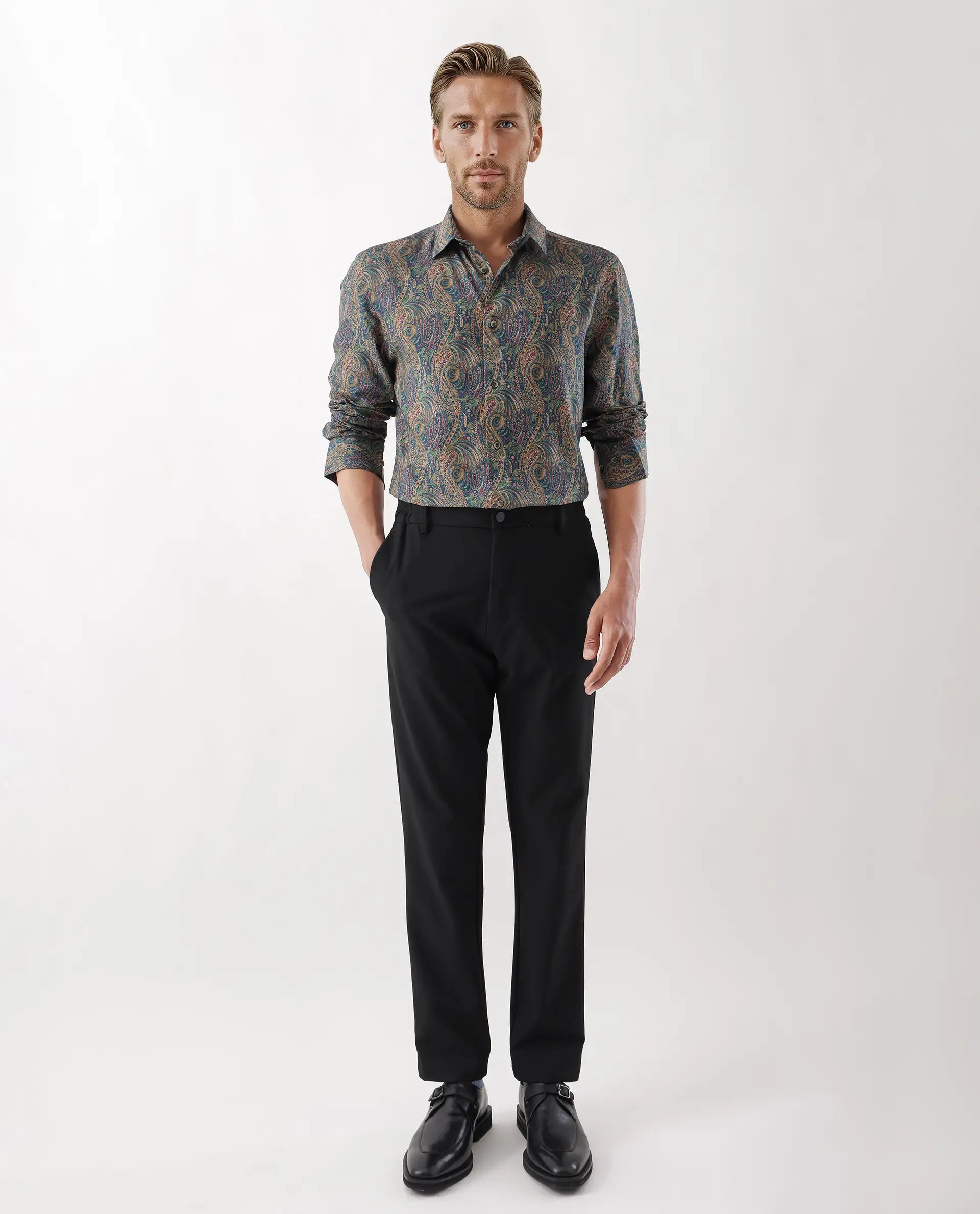 Rare Rabbit Men's Arieal Blue Viscose Blend Paisley Print Regular Fit Full Sleeve Collared Shirt