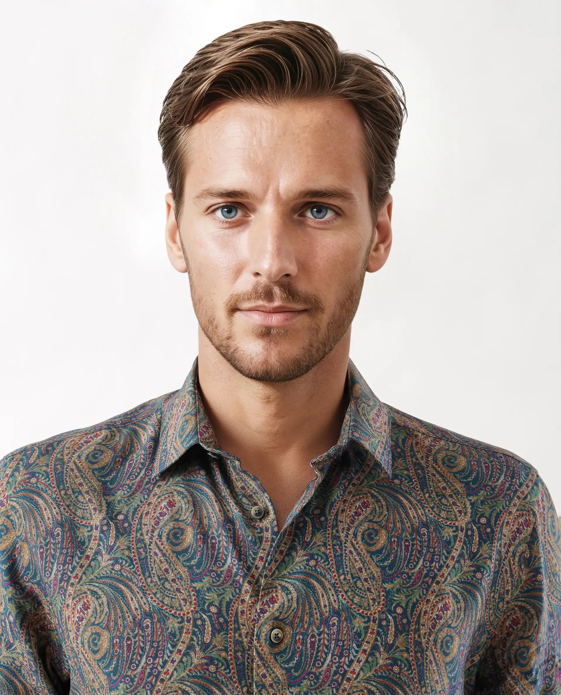 Rare Rabbit Men's Arieal Blue Viscose Blend Paisley Print Regular Fit Full Sleeve Collared Shirt