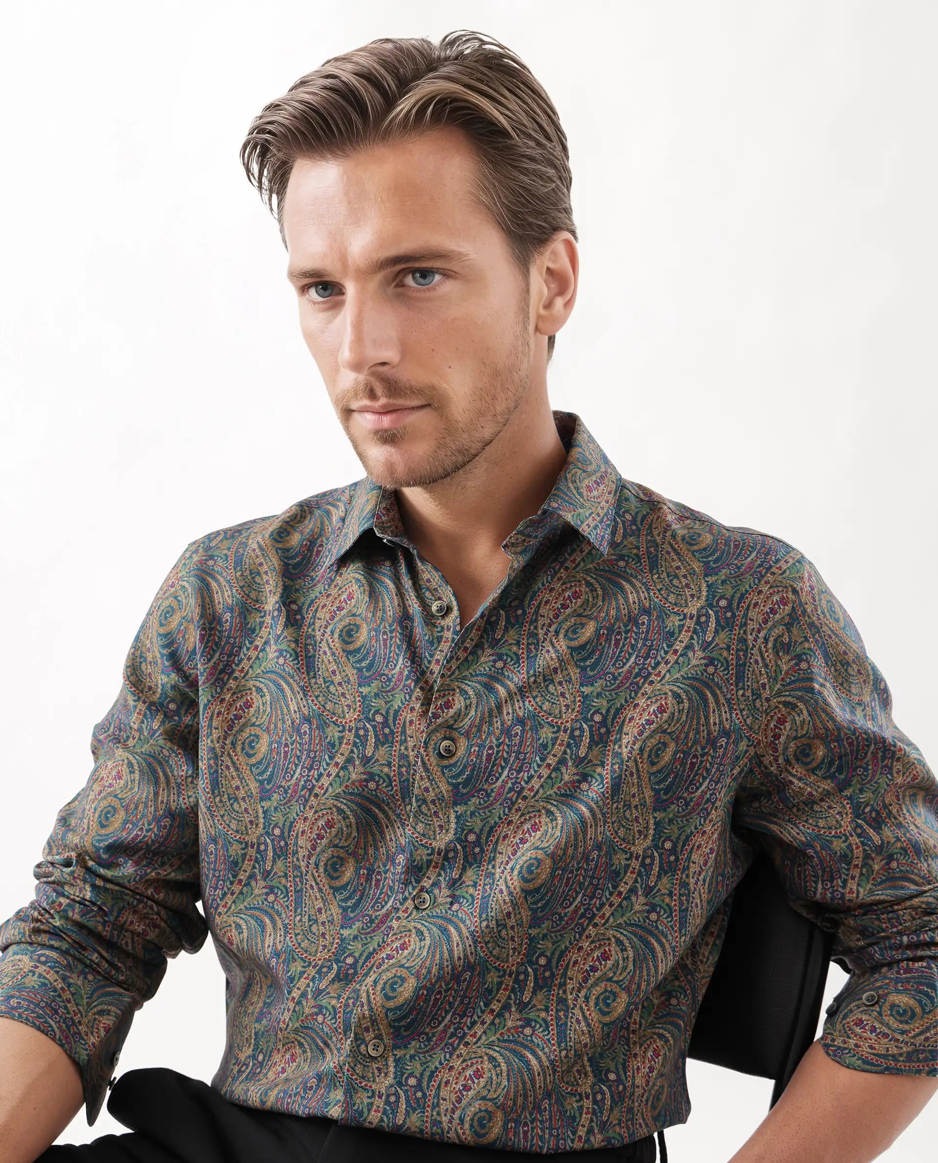 Rare Rabbit Men's Arieal Blue Viscose Blend Paisley Print Regular Fit Full Sleeve Collared Shirt