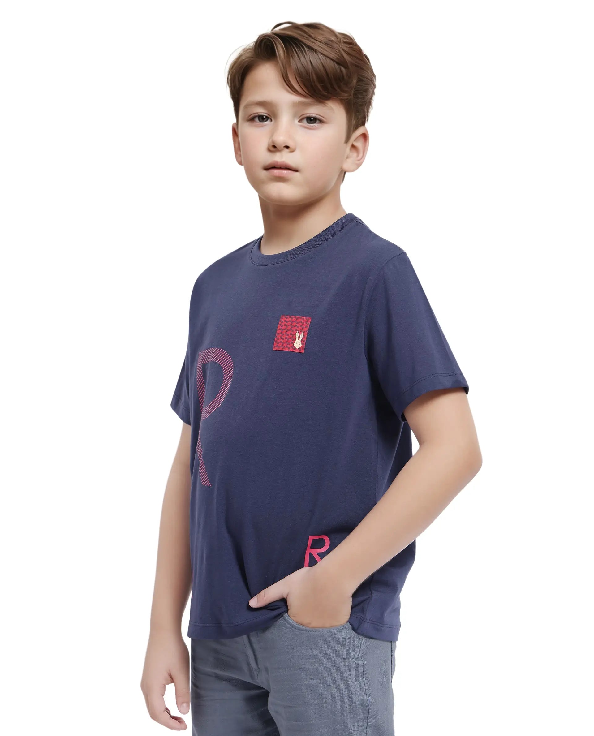 Rare Ones Kids Arie Navy Cotton Short Sleeve Crew Neck Transfer Print With Twill Texture T-Shirt