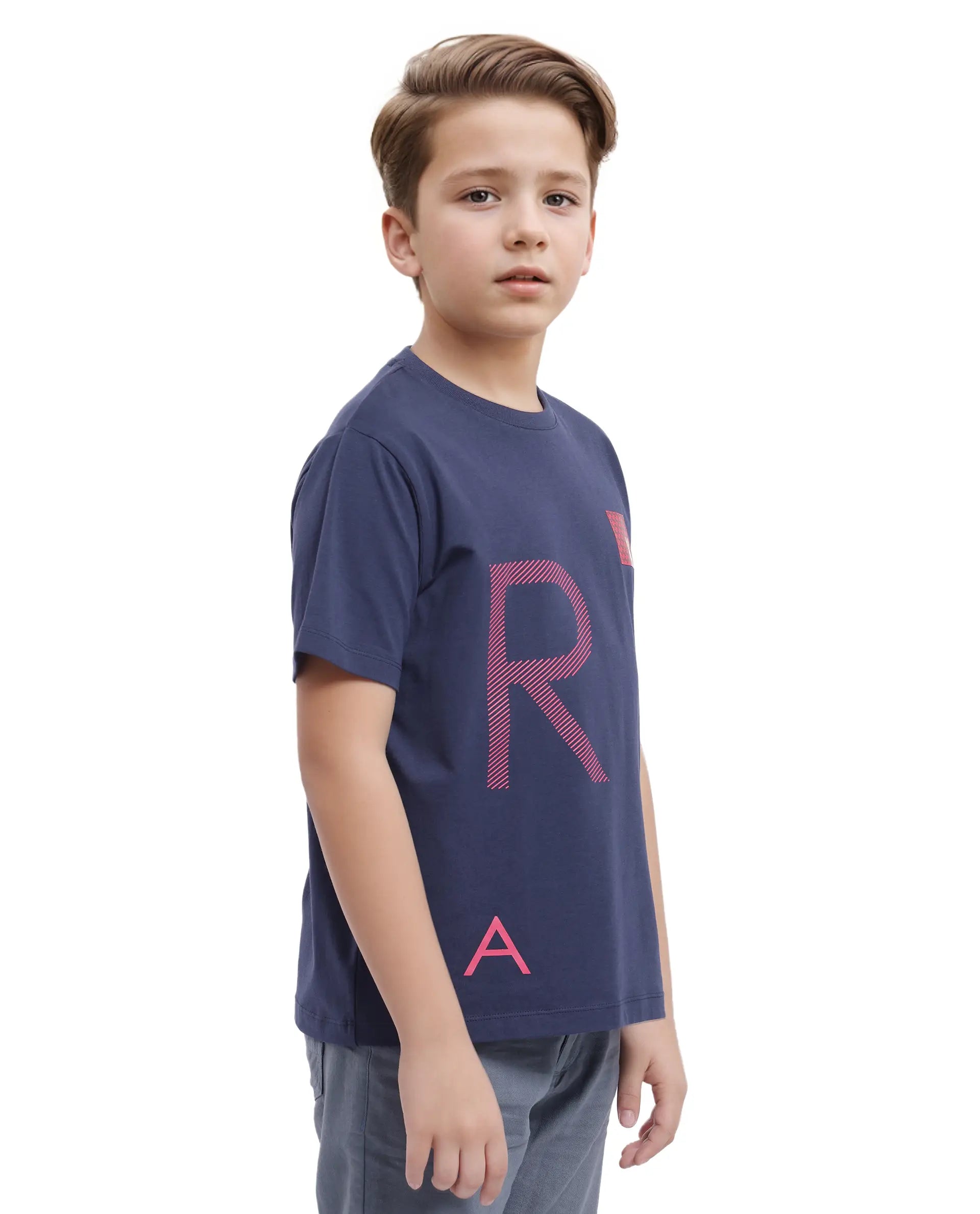 Rare Ones Kids Arie Navy Cotton Short Sleeve Crew Neck Transfer Print With Twill Texture T-Shirt