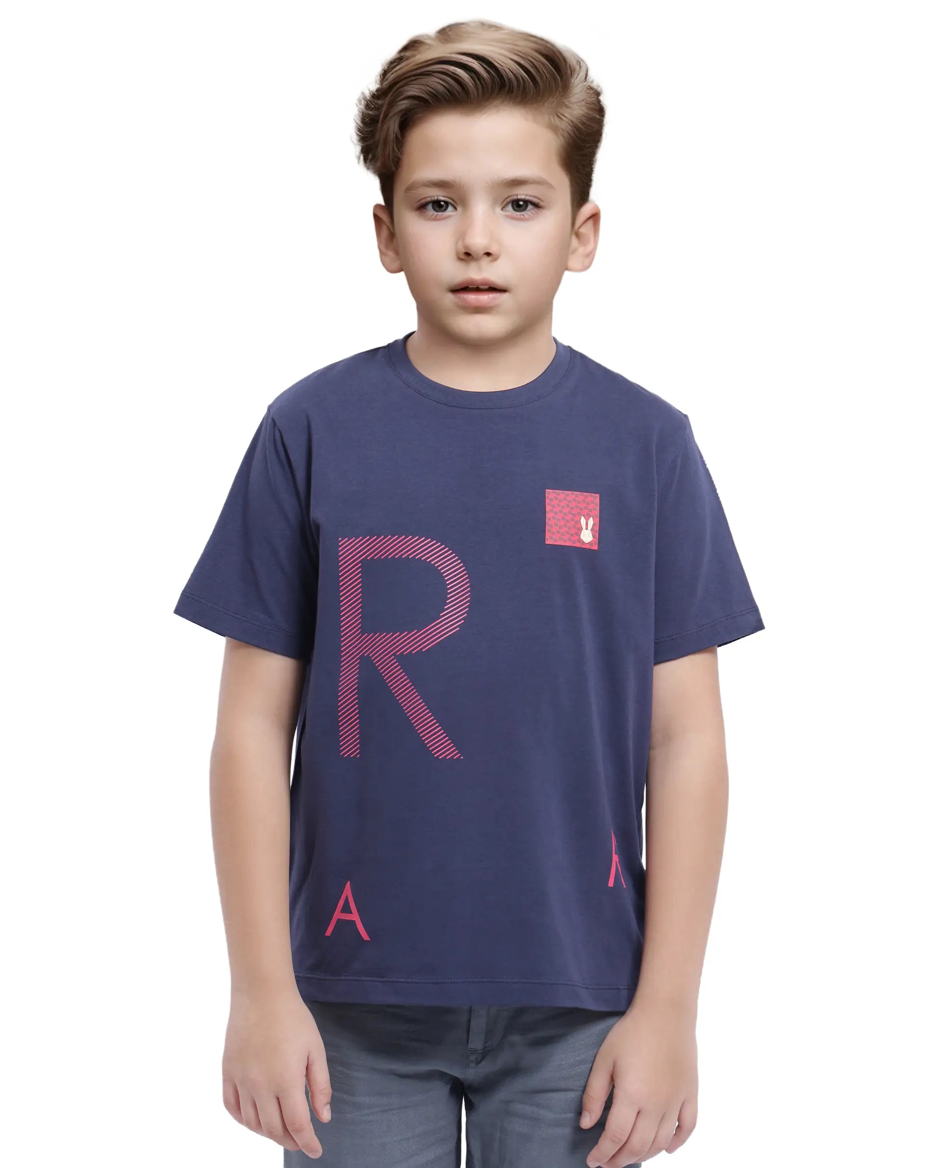 Rare Ones Kids Arie Navy Cotton Short Sleeve Crew Neck Transfer Print With Twill Texture T-Shirt