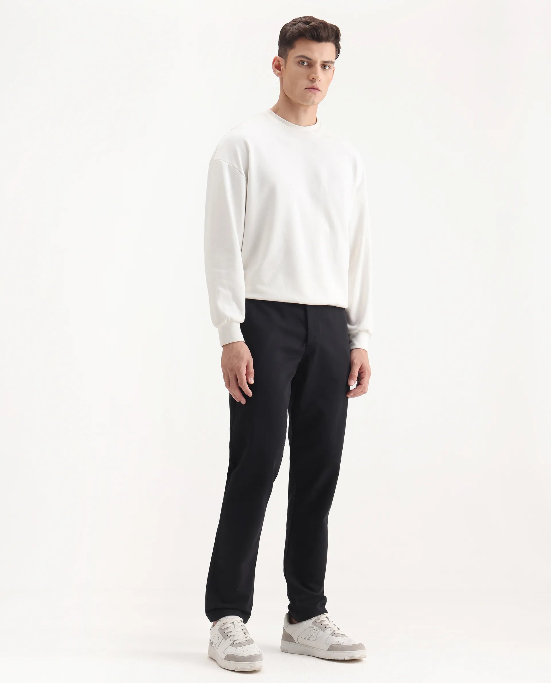 Rare Rabbit Men's Aries Black Cotton Blend Plain Regular Fit Trouser