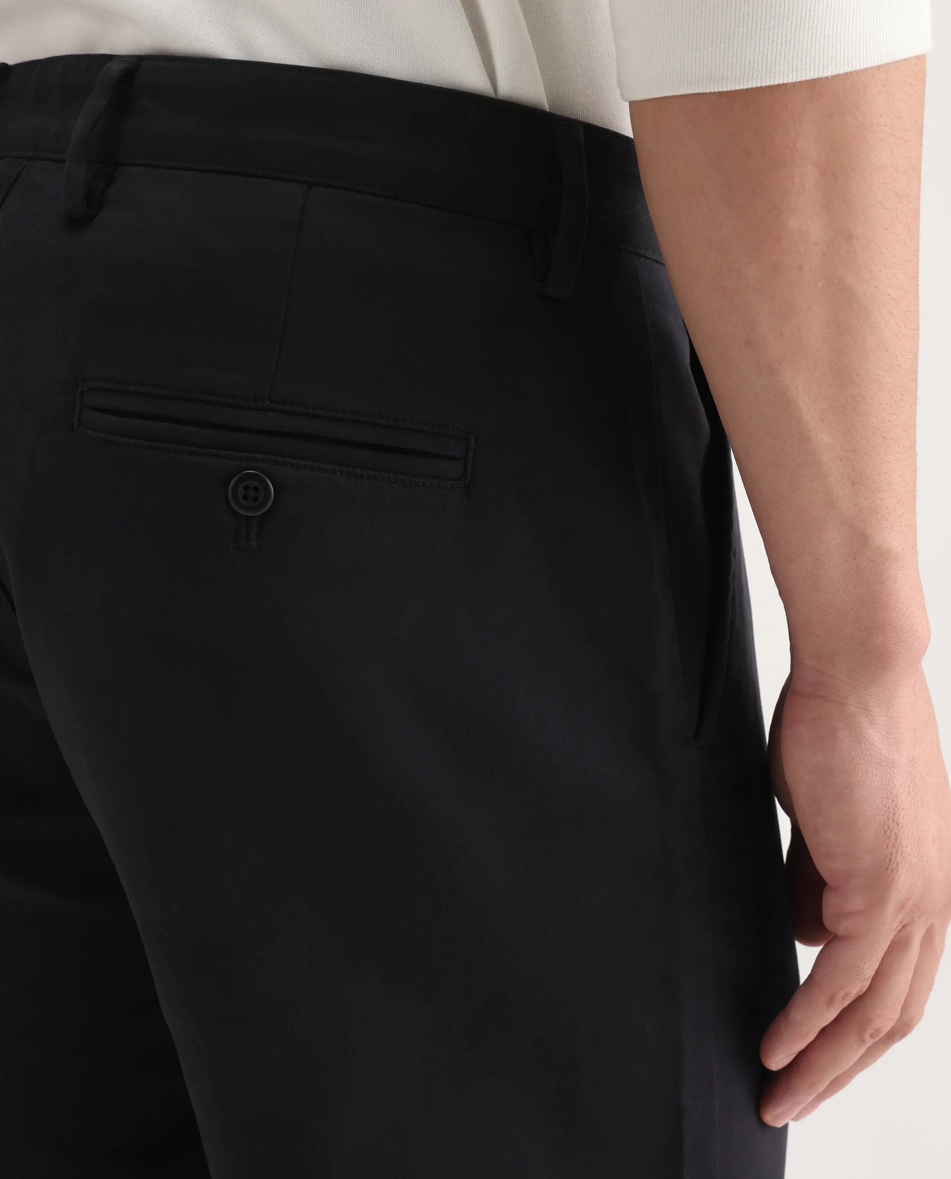 Rare Rabbit Men's Aries Black Cotton Blend Plain Regular Fit Trouser