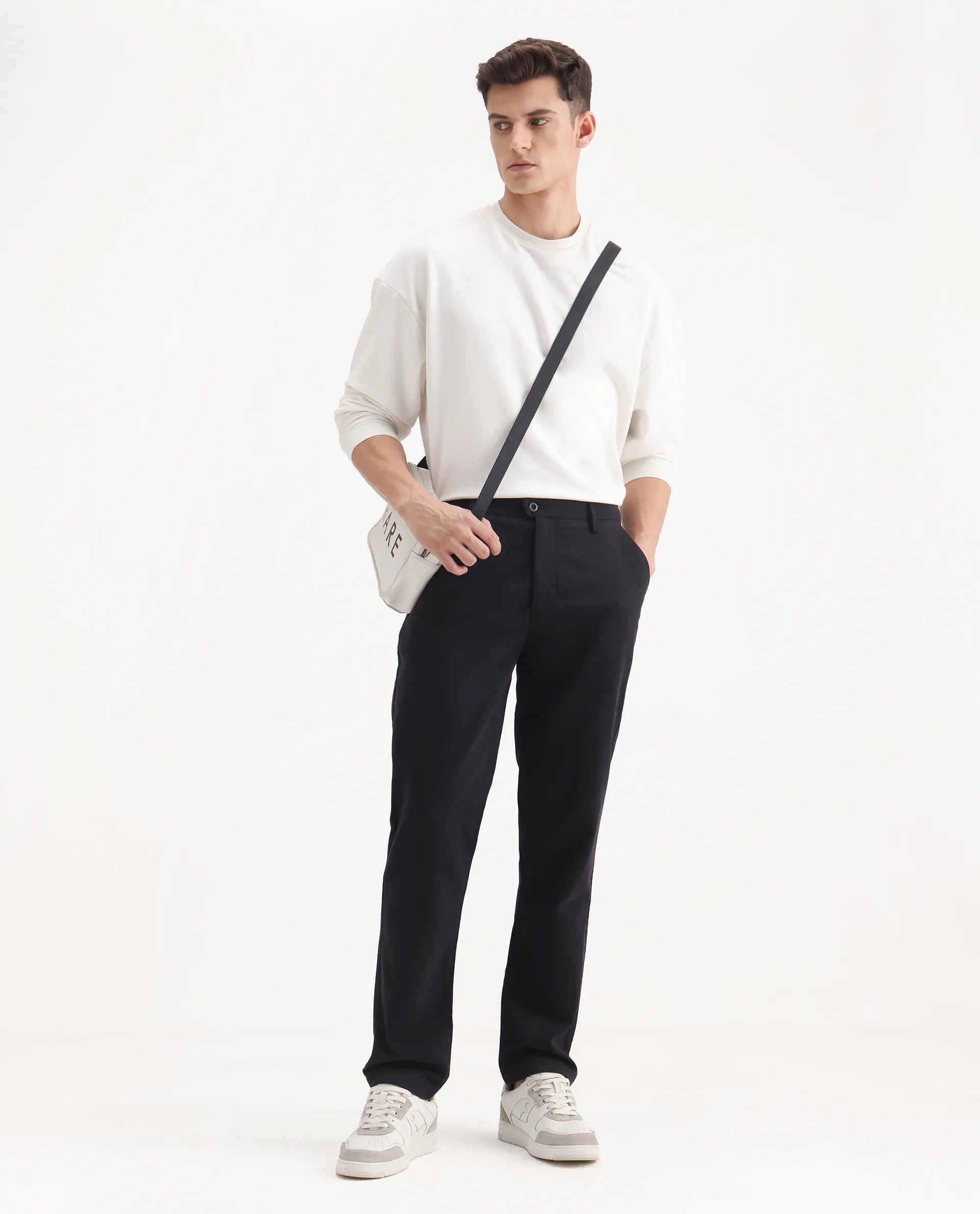 Rare Rabbit Men's Aries Black Cotton Blend Plain Regular Fit Trouser