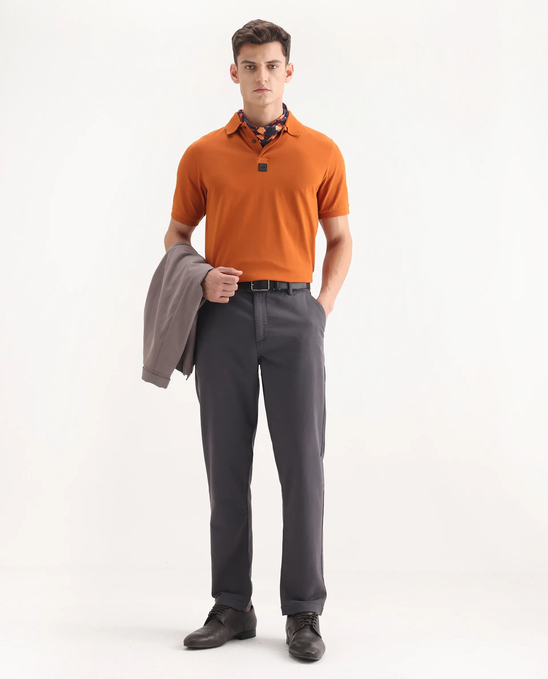 Rare Rabbit Men's Aries Dark Grey Cotton Blend Plain Regular Fit Trouser