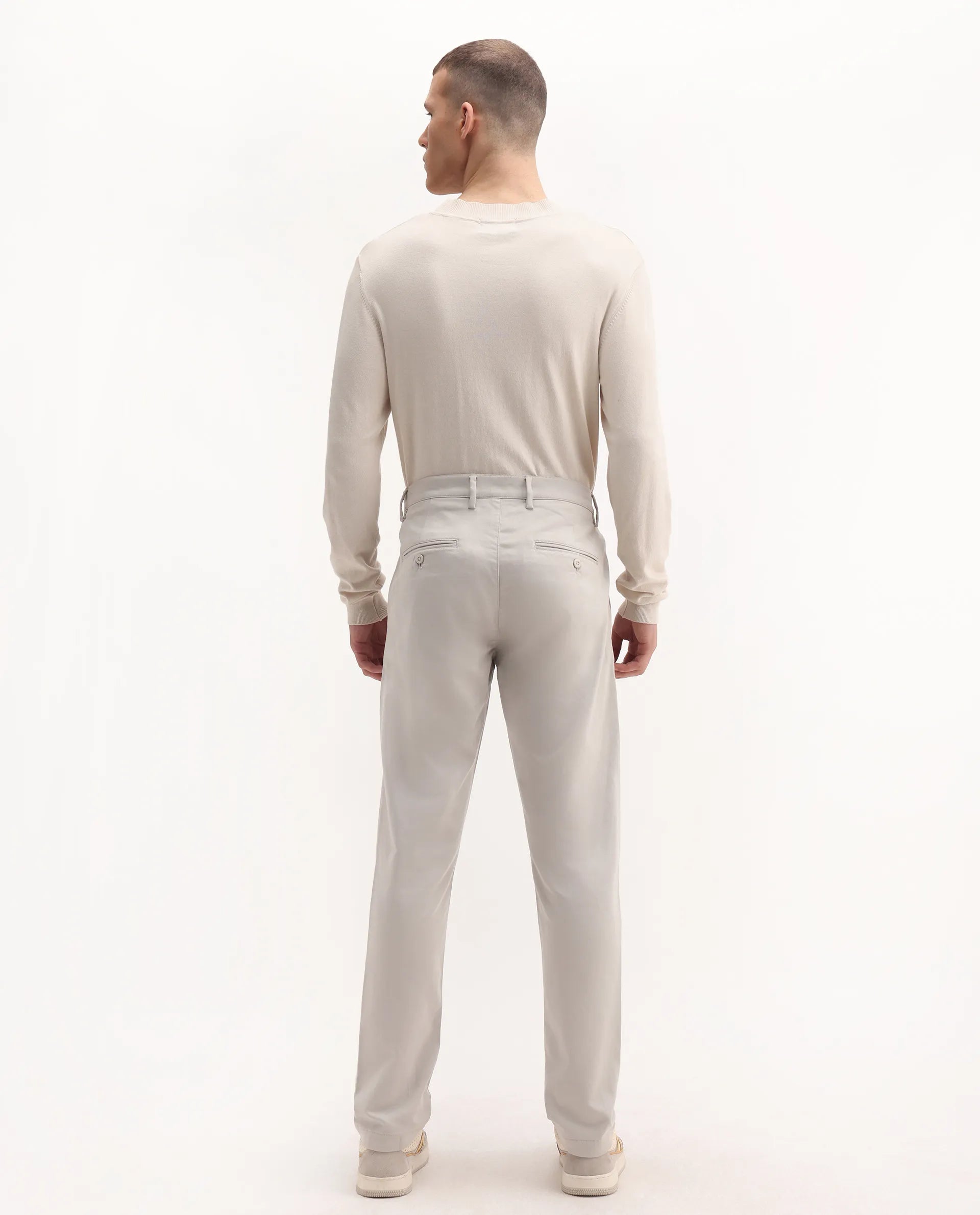 Rare Rabbit Men's Aries Light Grey Cotton Blend Plain Regular Fit Trouser