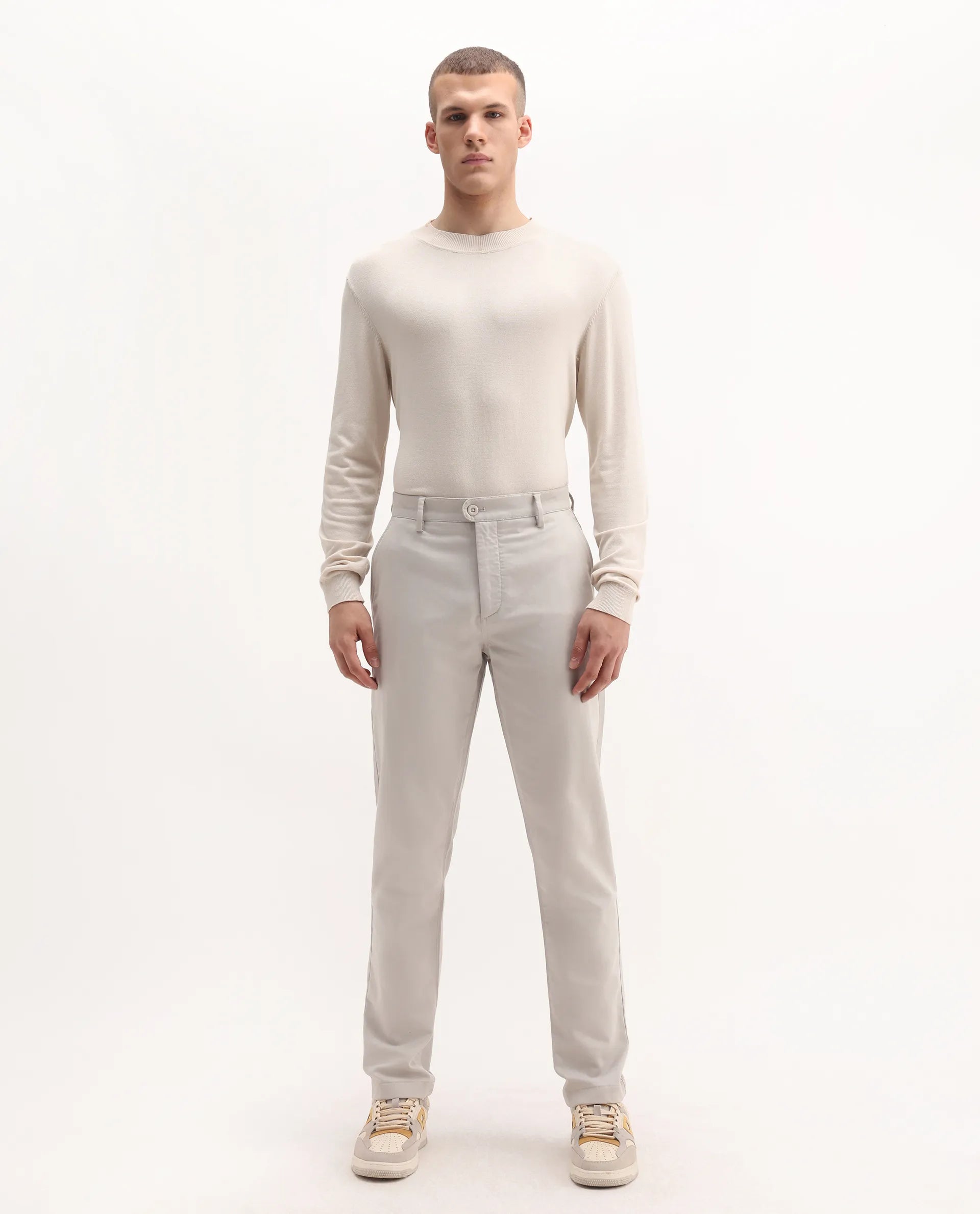 Rare Rabbit Men's Aries Light Grey Cotton Blend Plain Regular Fit Trouser