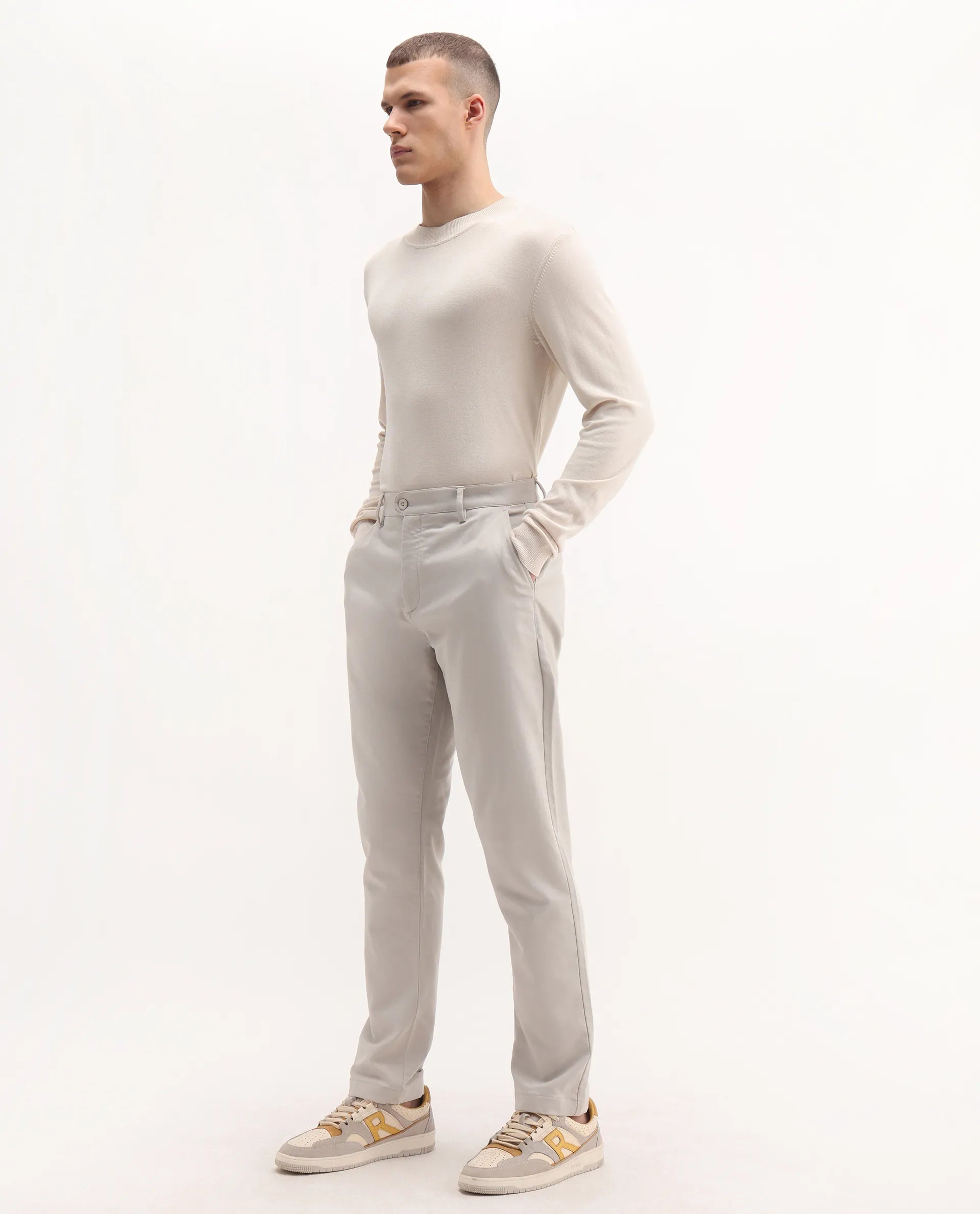 Rare Rabbit Men's Aries Light Grey Cotton Blend Plain Regular Fit Trouser