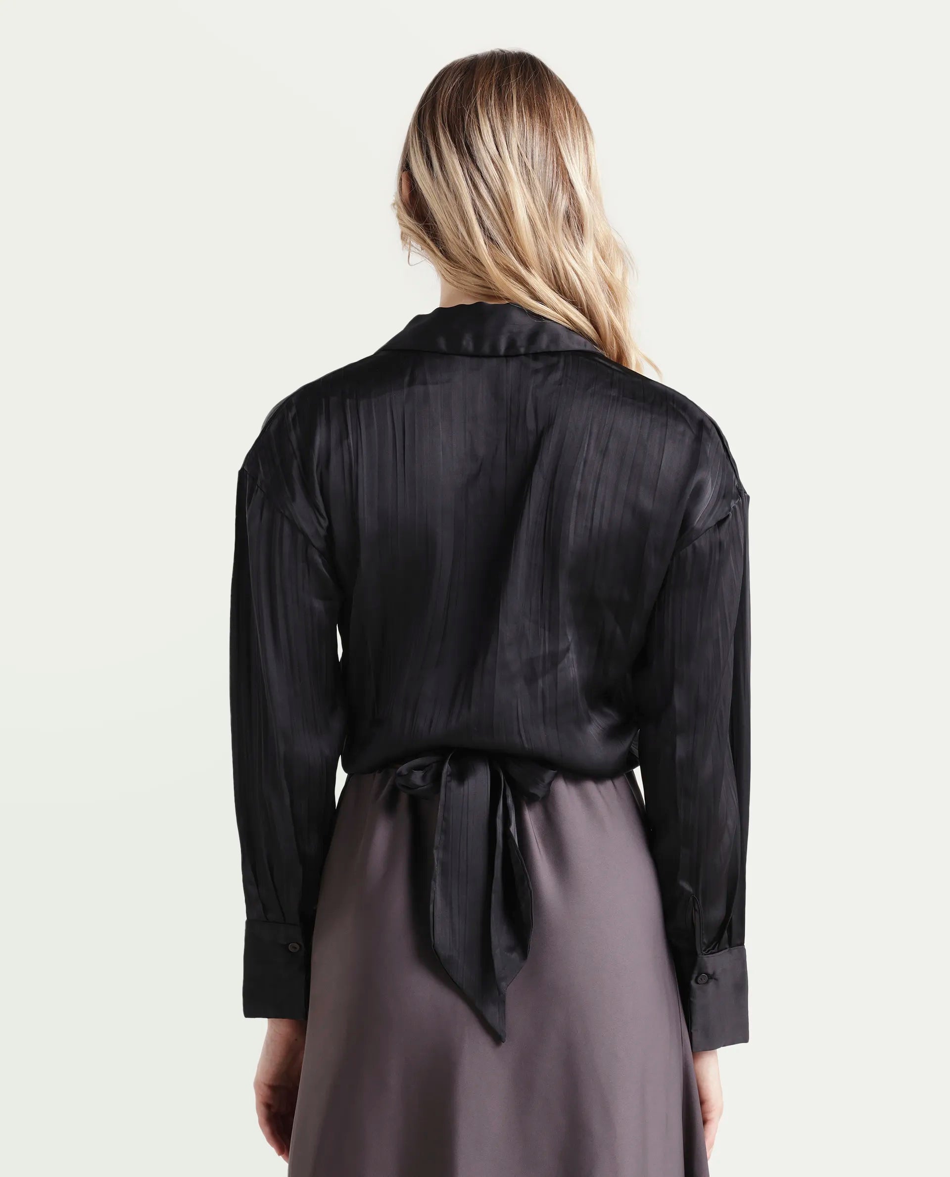 Rareism Women's Arinko Black Polyester V-Neck Plain Cuffed Sleeve Regular Fit Top