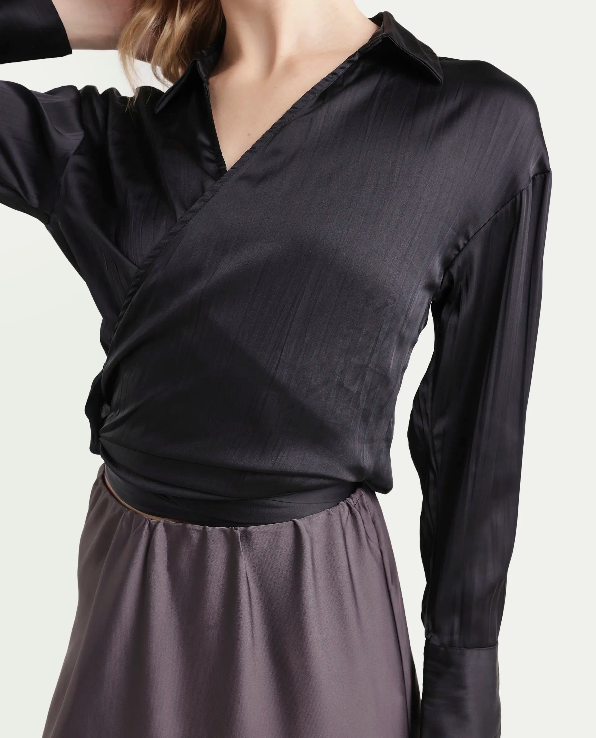 Rareism Women's Arinko Black Polyester V-Neck Plain Cuffed Sleeve Regular Fit Top