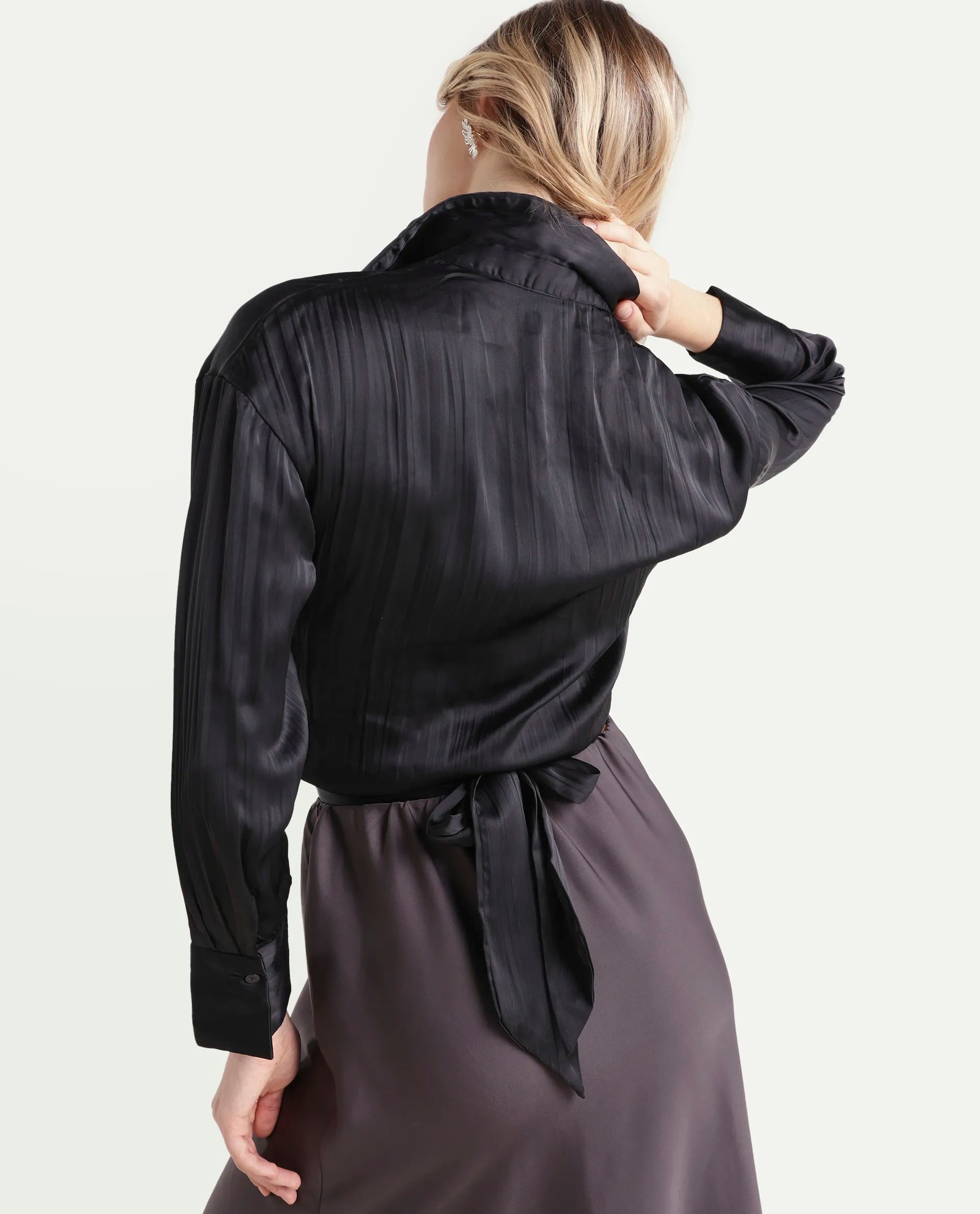 Rareism Women's Arinko Black Polyester V-Neck Plain Cuffed Sleeve Regular Fit Top