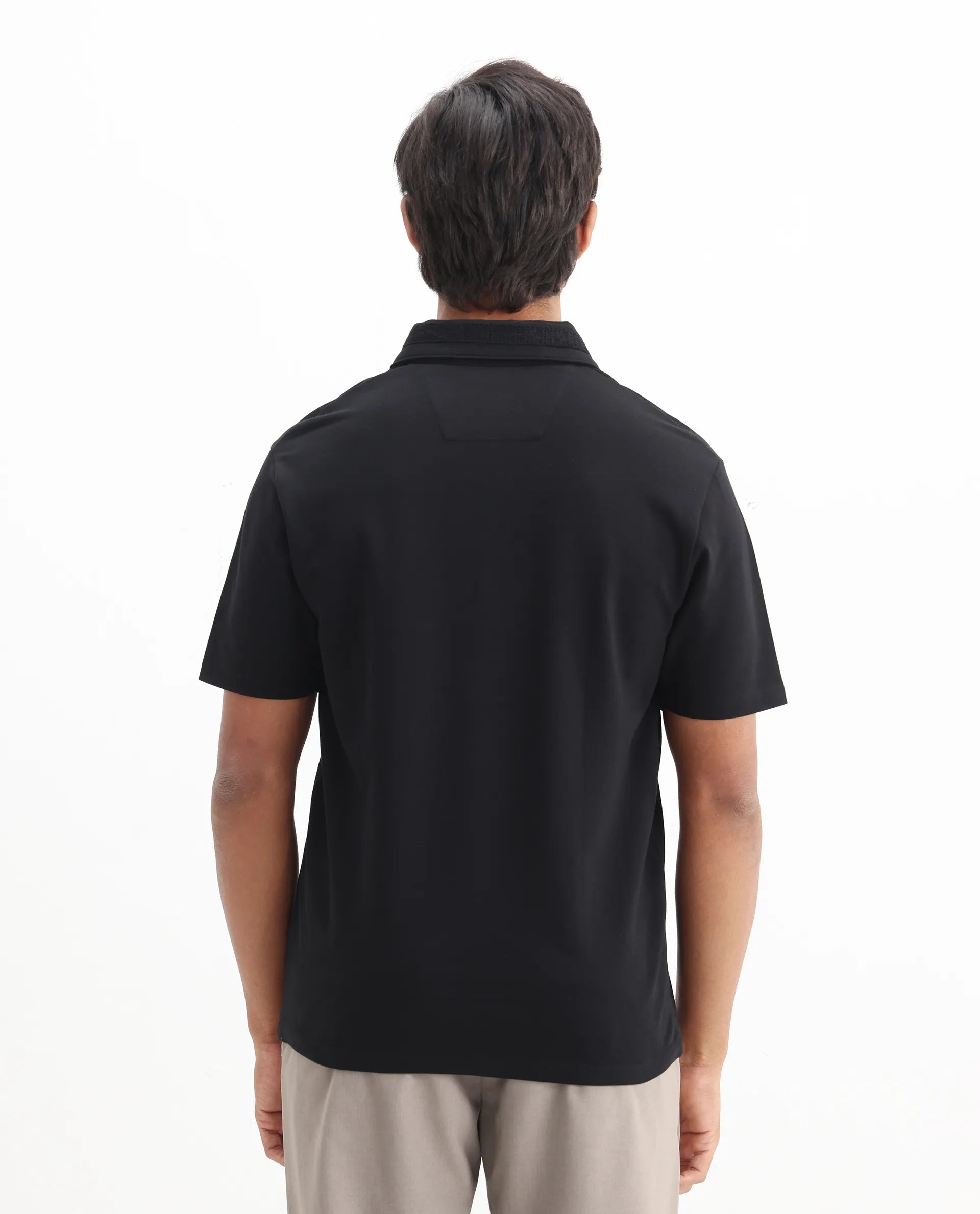 Rare Rabbit Men's Ariolo Black Cotton Blend Plain Regular Fit Half Sleeve Polo