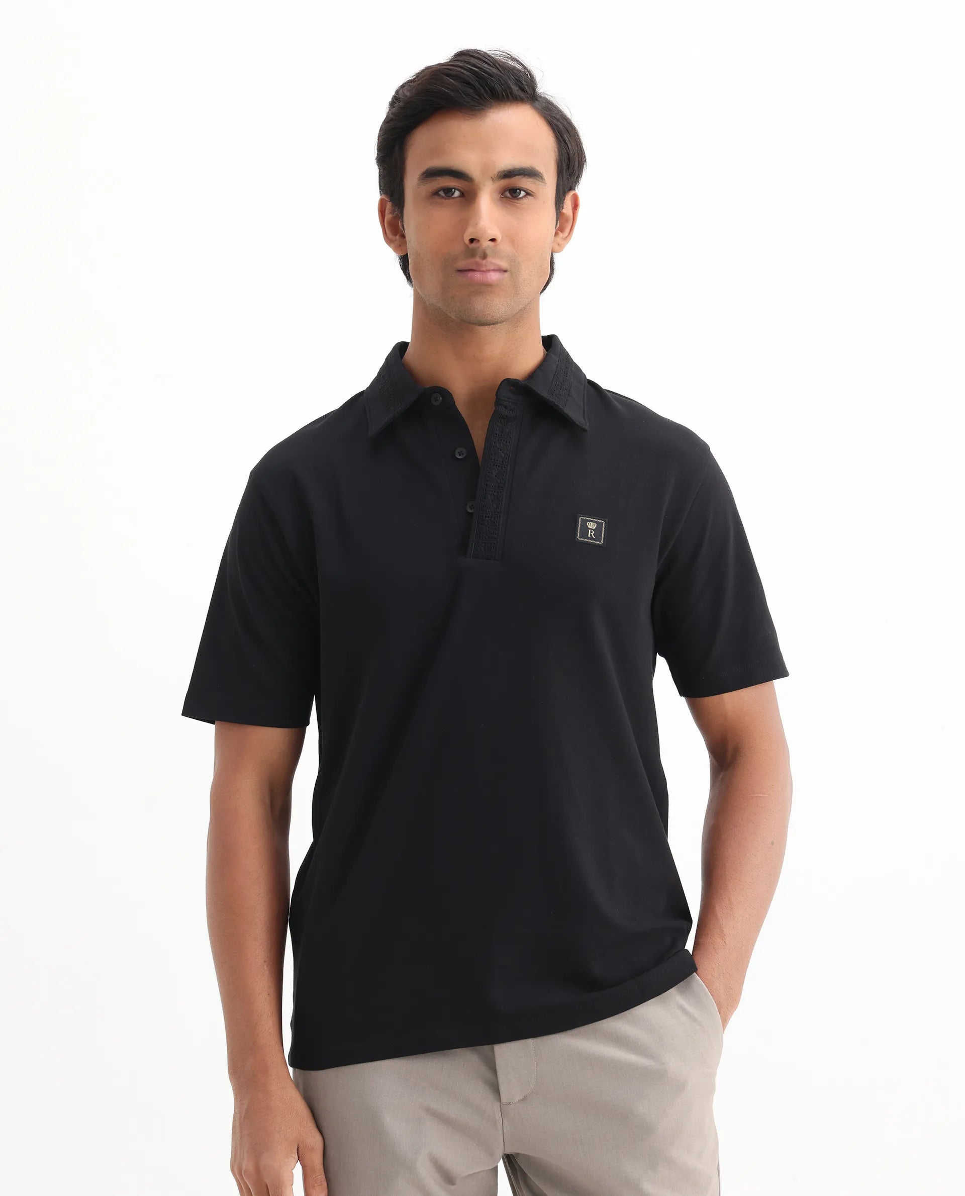 Rare Rabbit Men's Ariolo Black Cotton Blend Plain Regular Fit Half Sleeve Polo