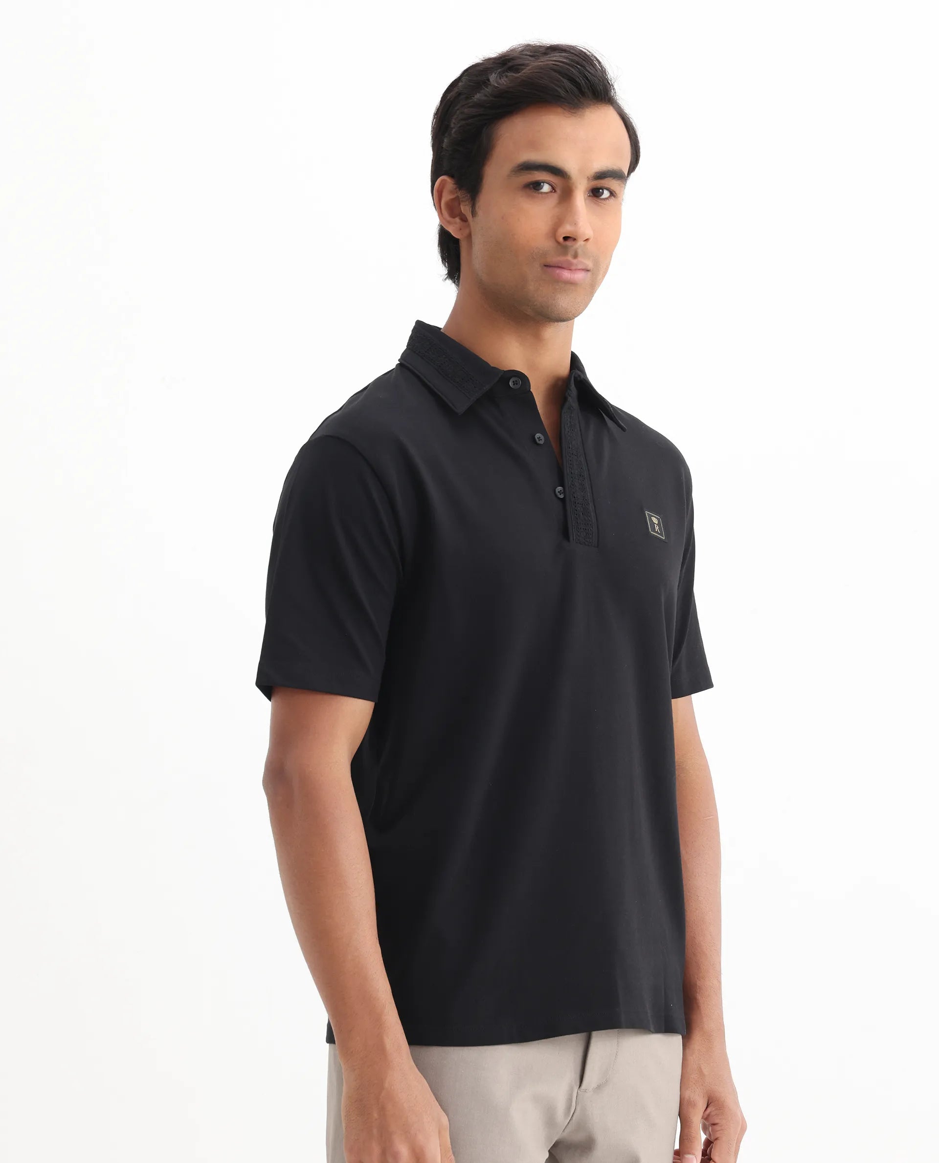 Rare Rabbit Men's Ariolo Black Cotton Blend Plain Regular Fit Half Sleeve Polo