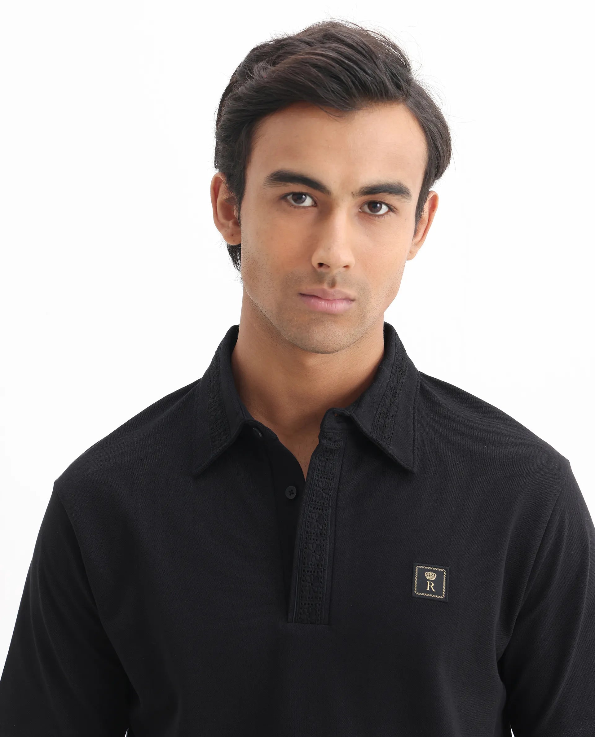 Rare Rabbit Men's Ariolo Black Cotton Blend Plain Regular Fit Half Sleeve Polo