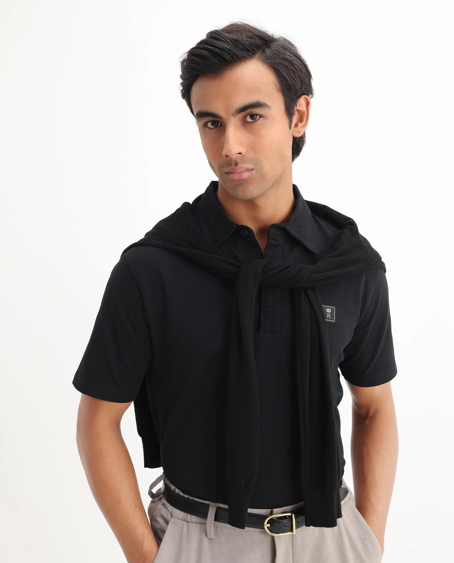 Rare Rabbit Men's Ariolo Black Cotton Blend Plain Regular Fit Half Sleeve Polo