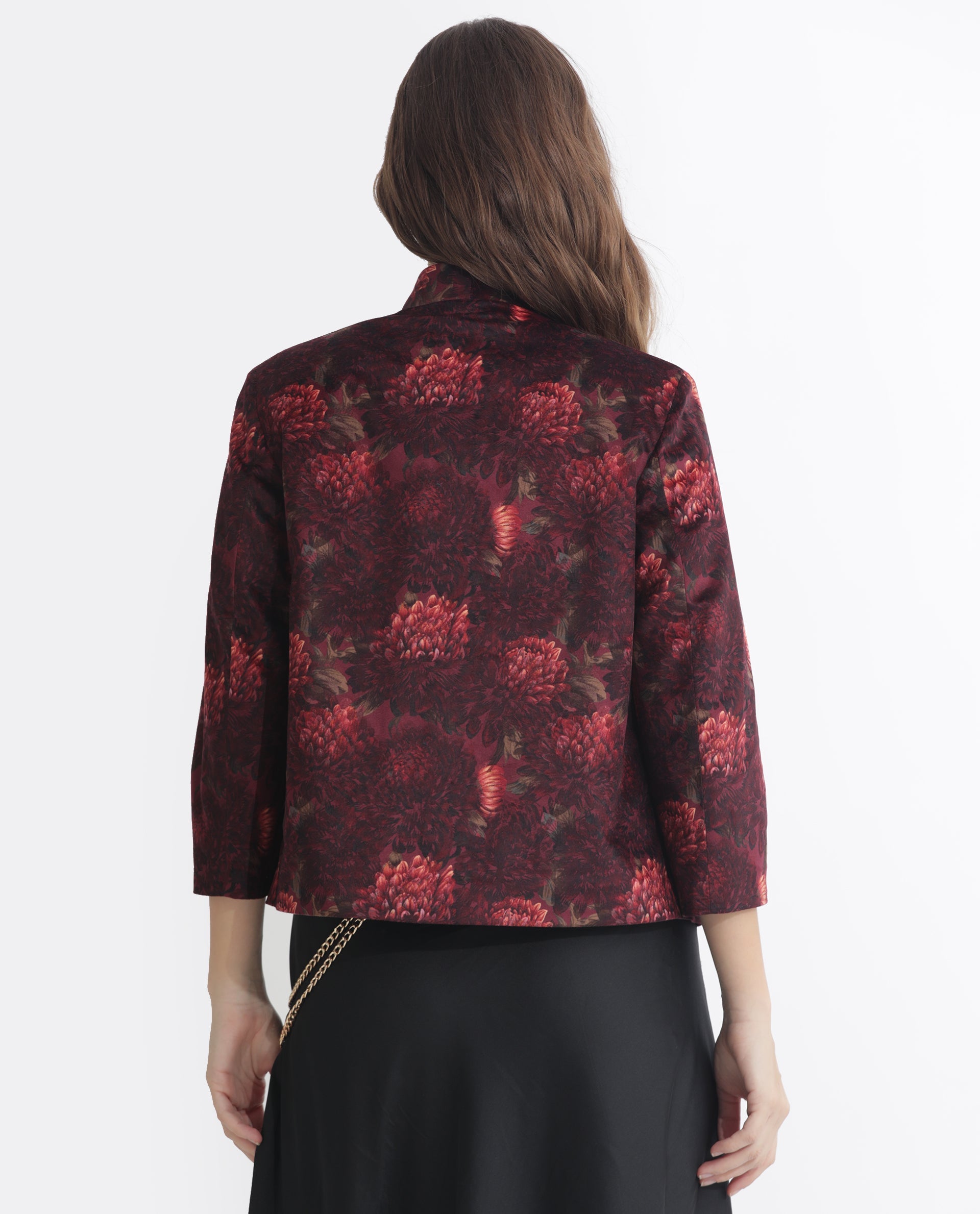 Rareism Women Arizu Maroon Velvet Fabric 3/4Th Sleeves Regular Fit Floral Print Shrug