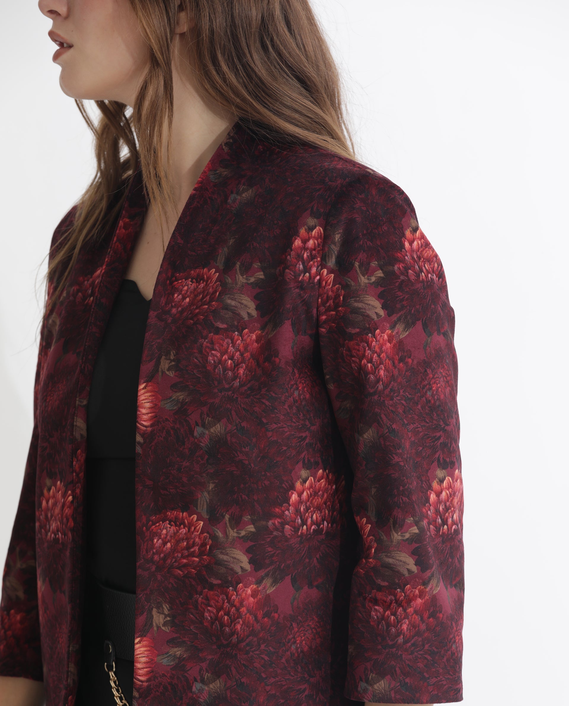 Rareism Women Arizu Maroon Velvet Fabric 3/4Th Sleeves Regular Fit Floral Print Shrug