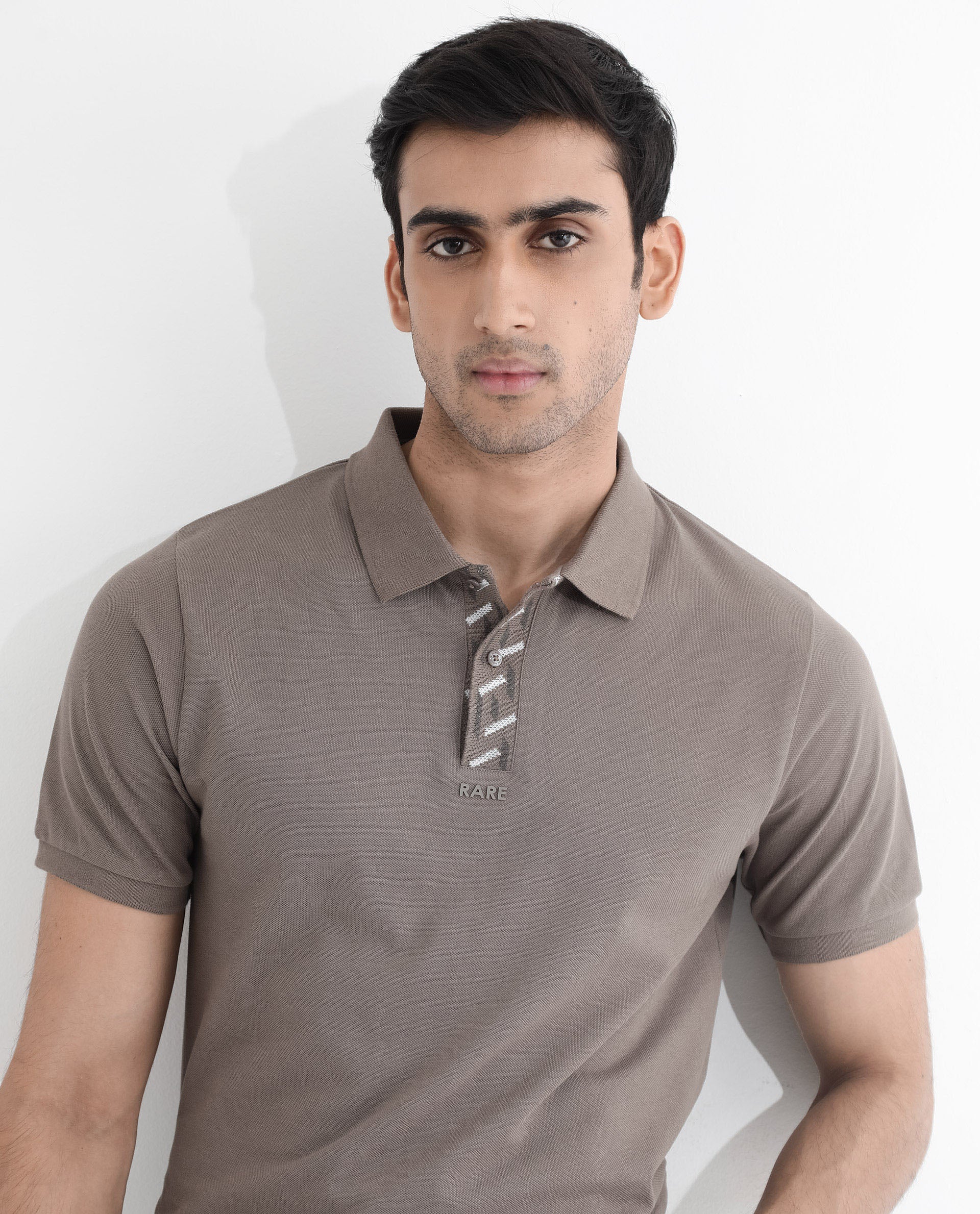 Rare Rabbit Men's Ark Dark Beige Cotton Fabric Short Sleeve Button Closure Regular Fit Plain Polo T-Shirt