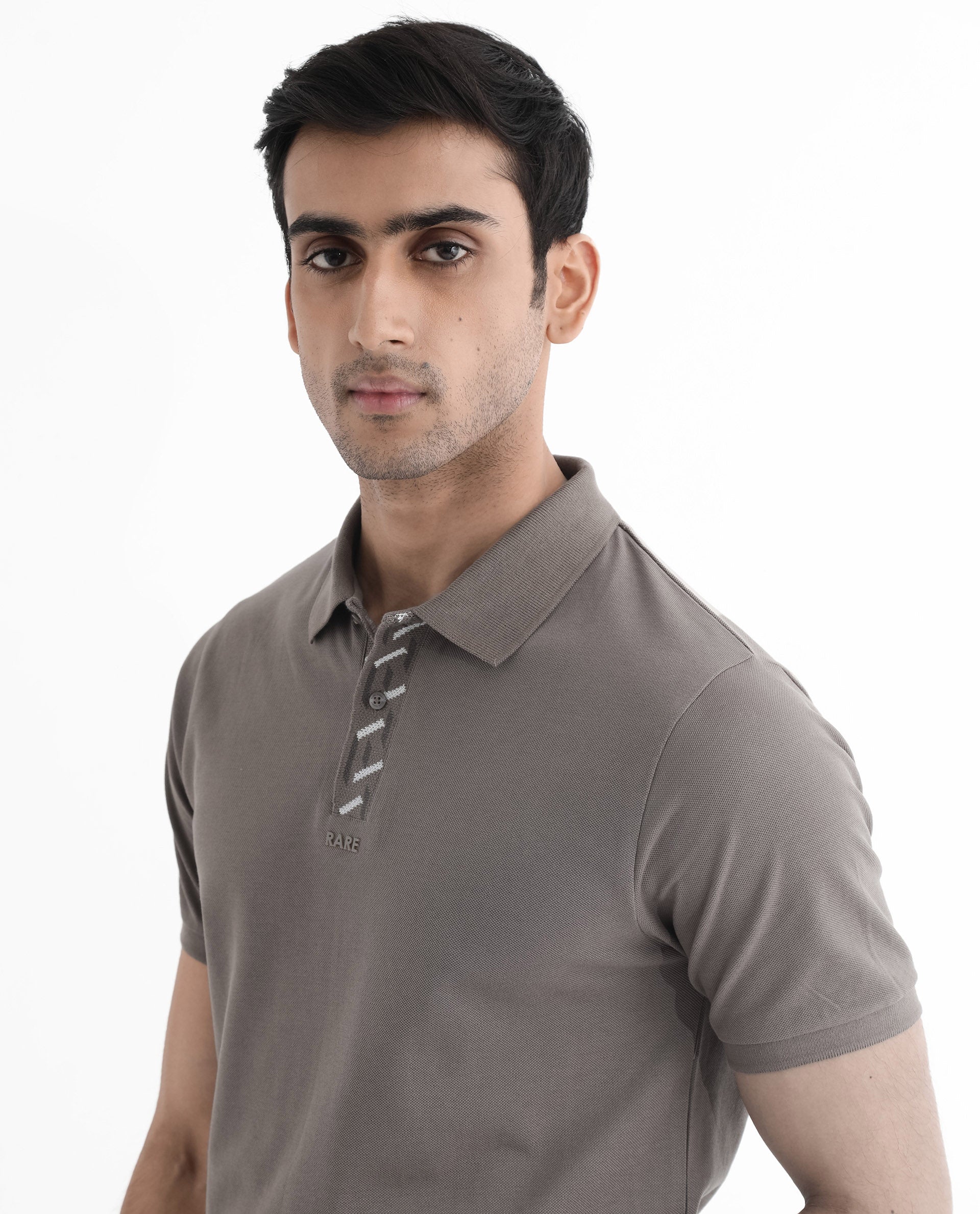 Rare Rabbit Men's Ark Dark Beige Cotton Fabric Short Sleeve Button Closure Regular Fit Plain Polo T-Shirt