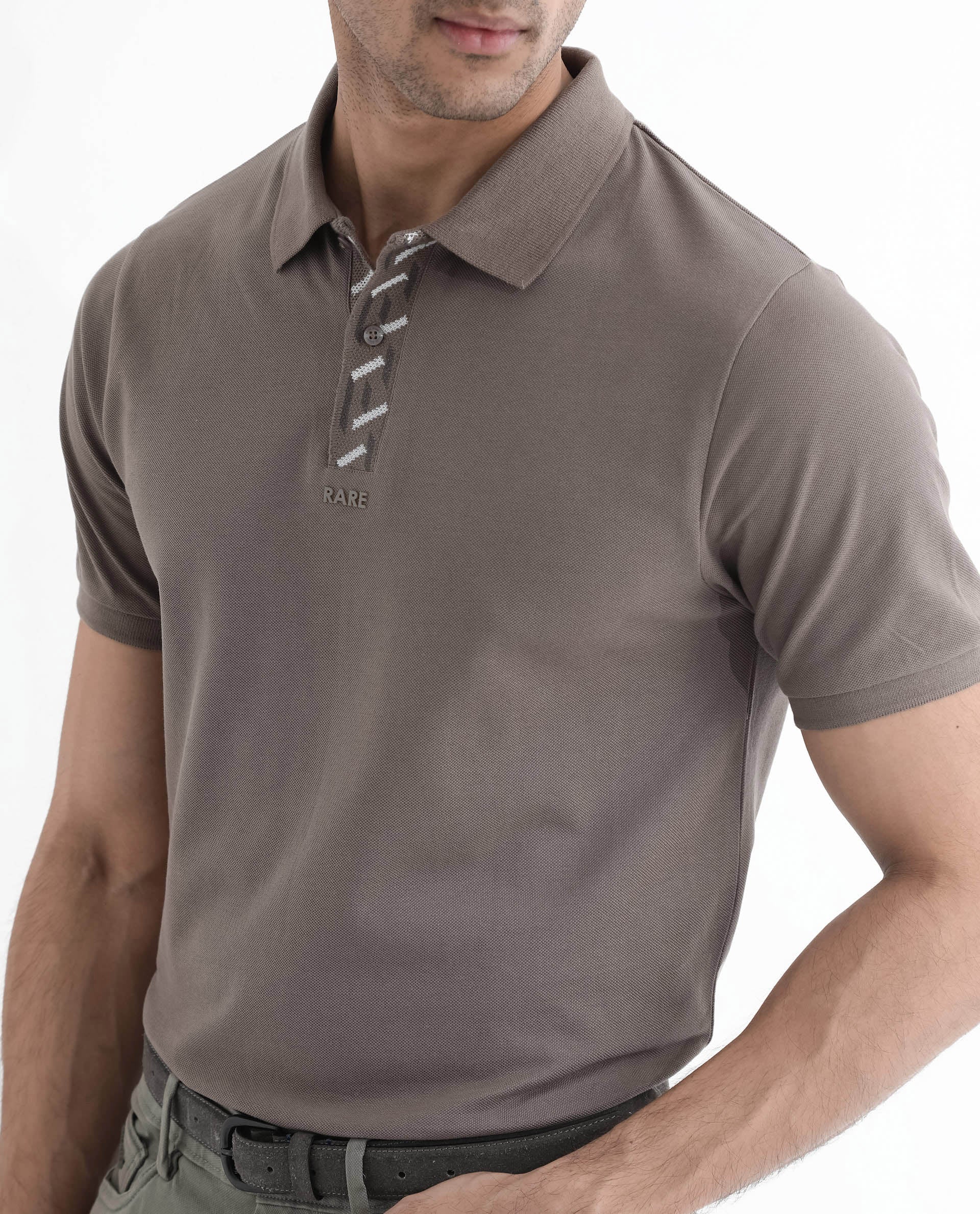 Rare Rabbit Men's Ark Dark Beige Cotton Fabric Short Sleeve Button Closure Regular Fit Plain Polo T-Shirt