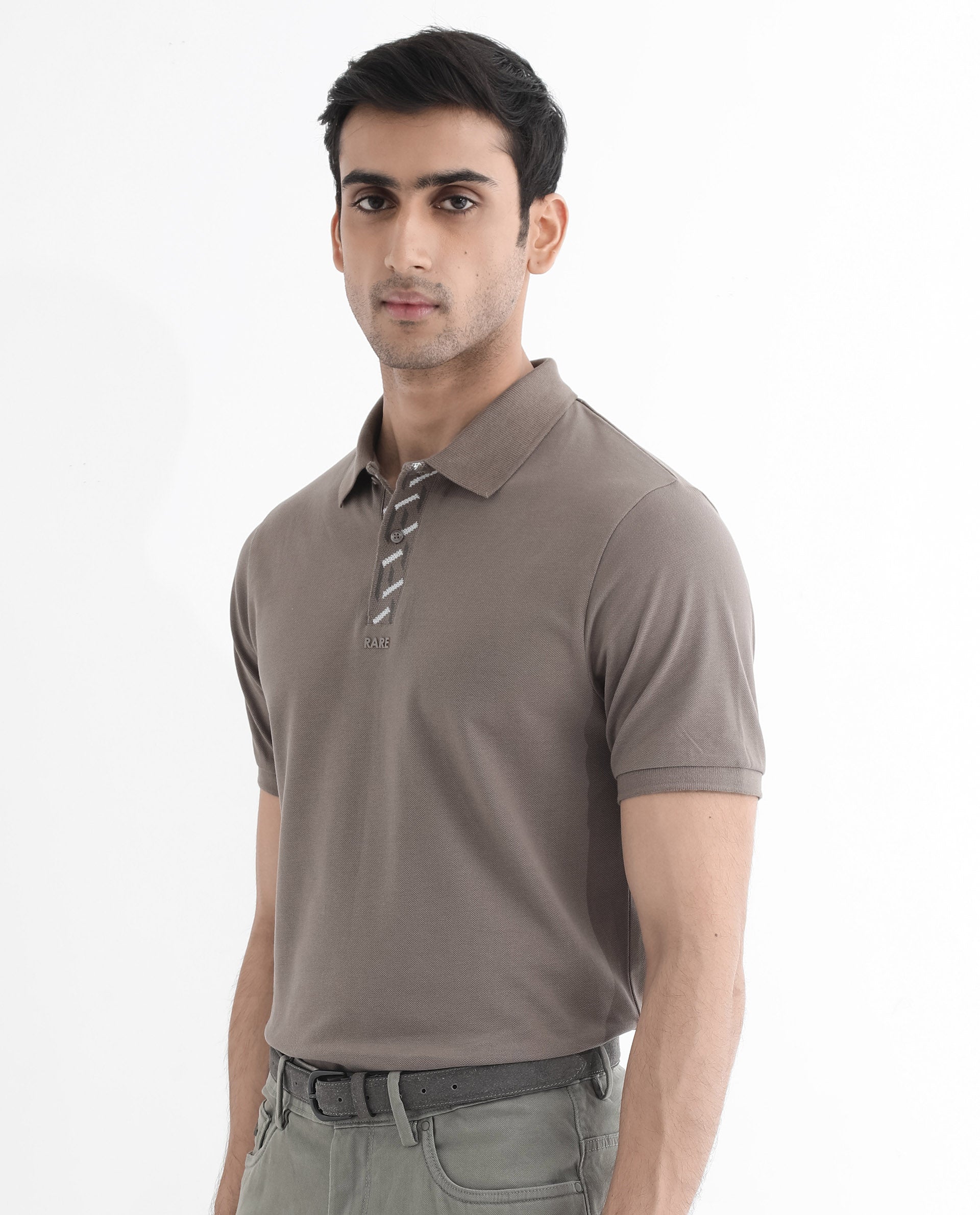 Rare Rabbit Men's Ark Dark Beige Cotton Fabric Short Sleeve Button Closure Regular Fit Plain Polo T-Shirt
