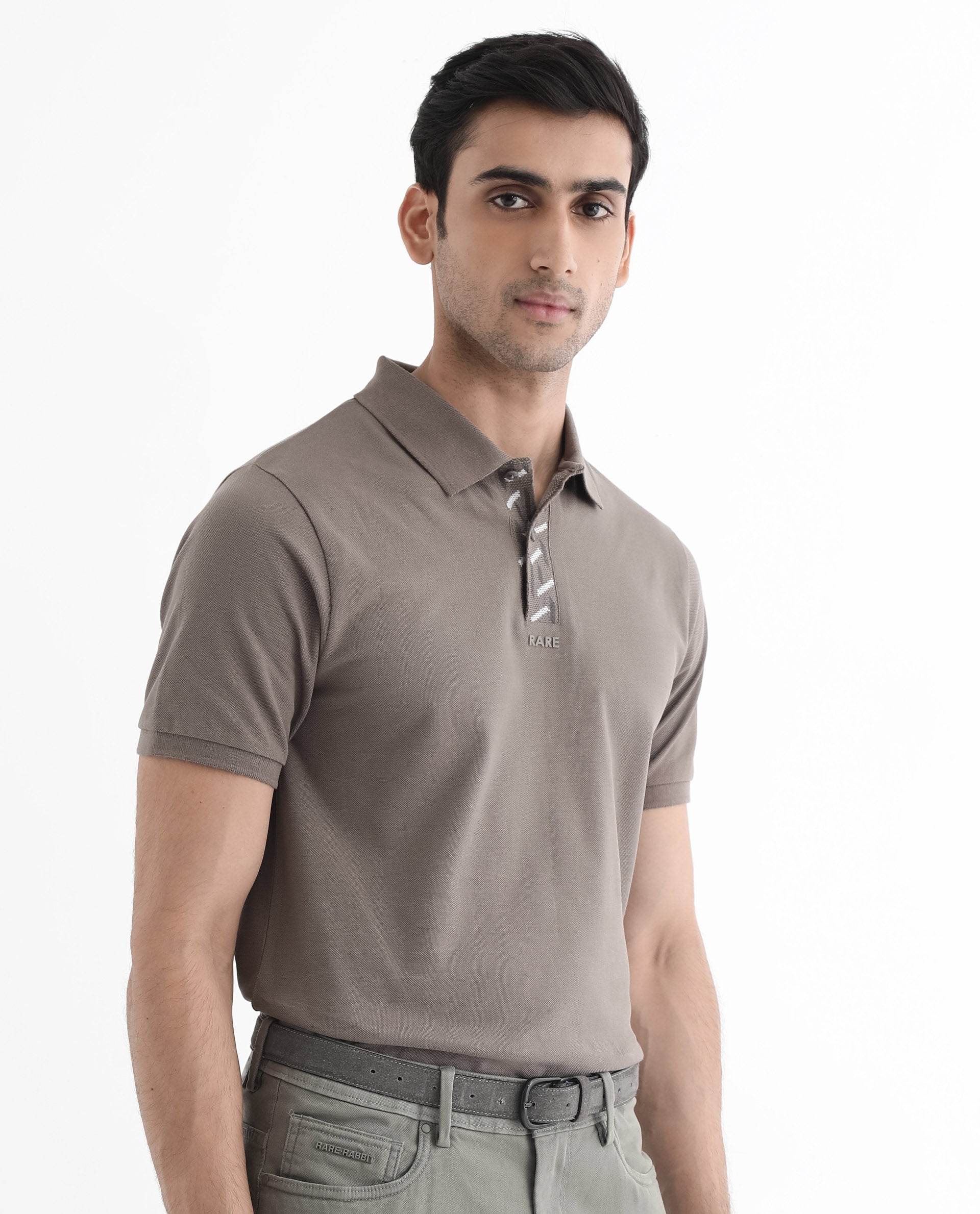 Rare Rabbit Men's Ark Dark Beige Cotton Fabric Short Sleeve Button Closure Regular Fit Plain Polo T-Shirt