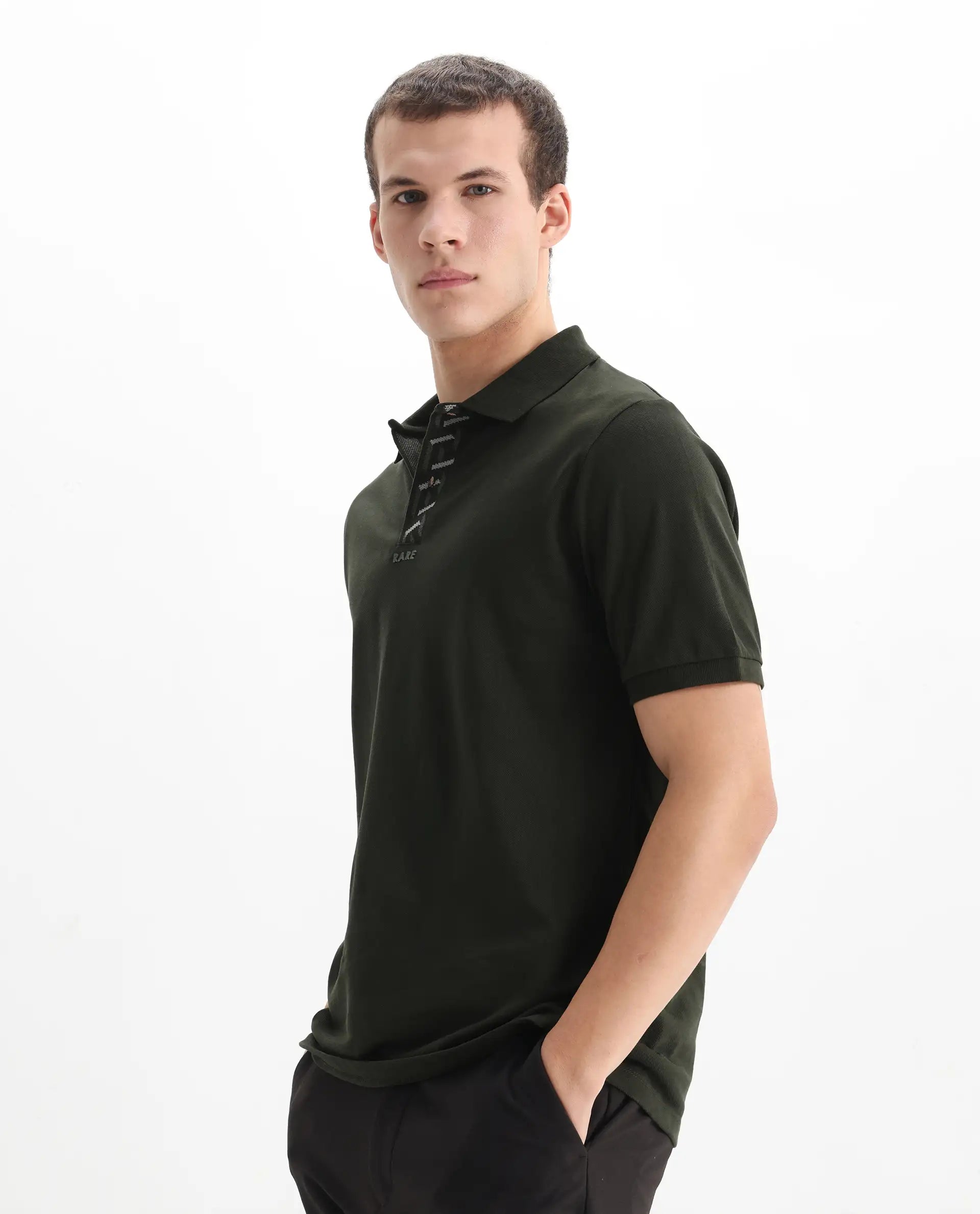 Rare Rabbit Men's Ark Dark Olive Cotton Plain Regular Fit Half Sleeve Polo