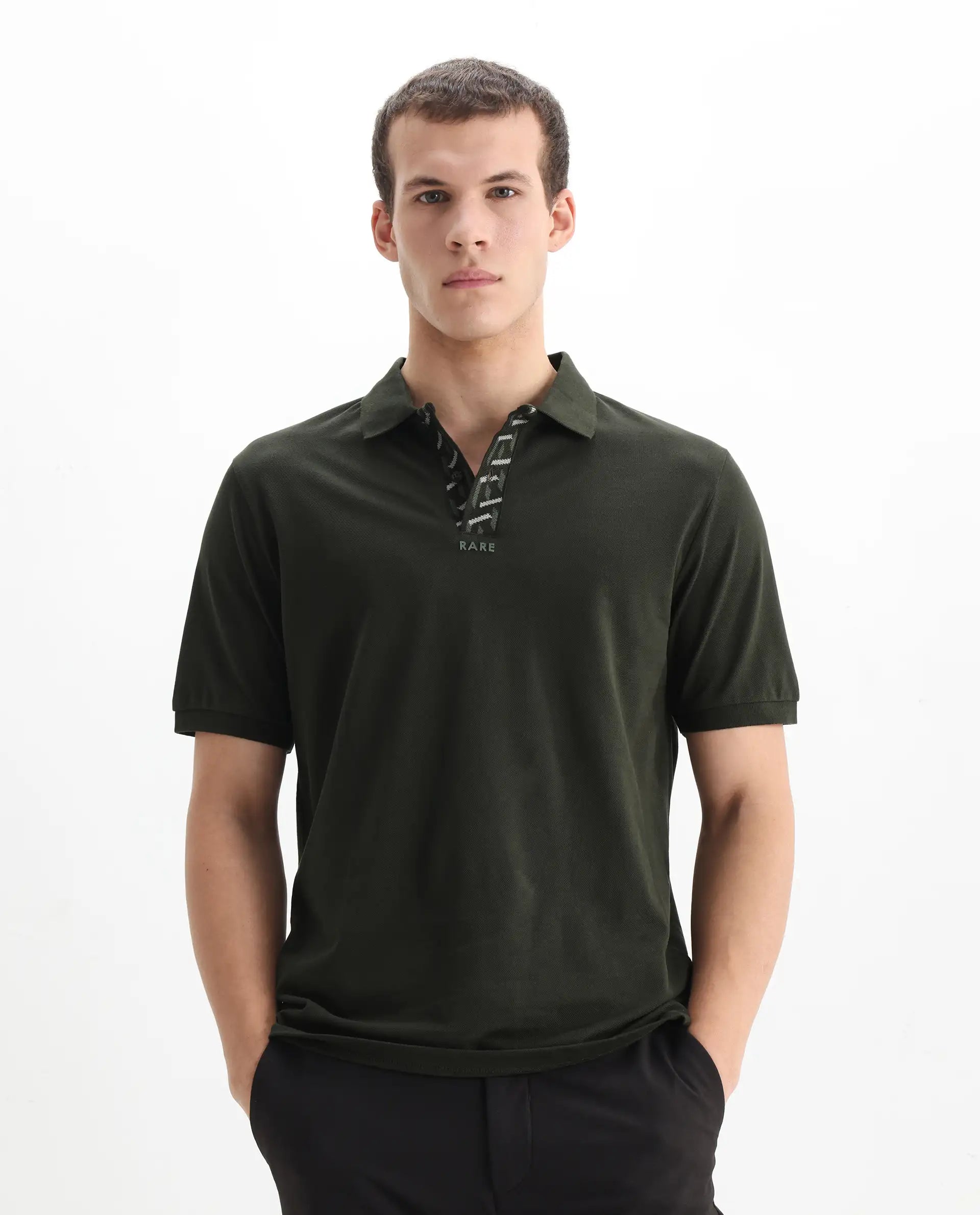 Rare Rabbit Men's Ark Dark Olive Cotton Plain Regular Fit Half Sleeve Polo