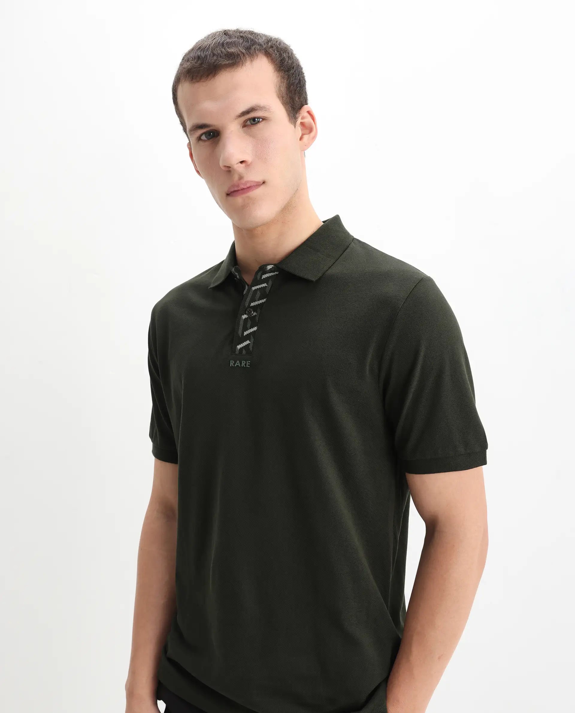 Rare Rabbit Men's Ark Dark Olive Cotton Plain Regular Fit Half Sleeve Polo