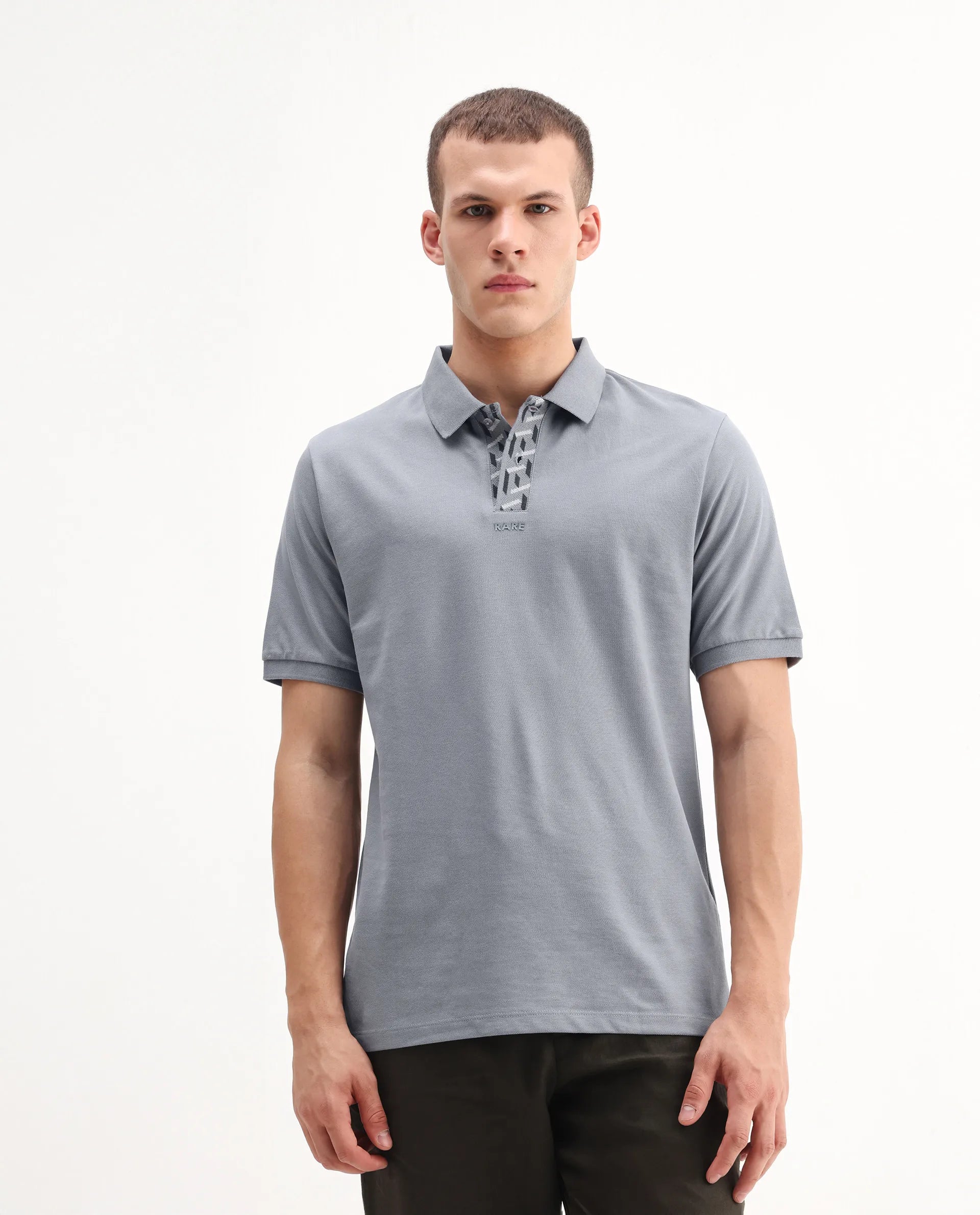 Rare Rabbit Men's Ark Grey Cotton Plain Regular Fit Half Sleeve Polo