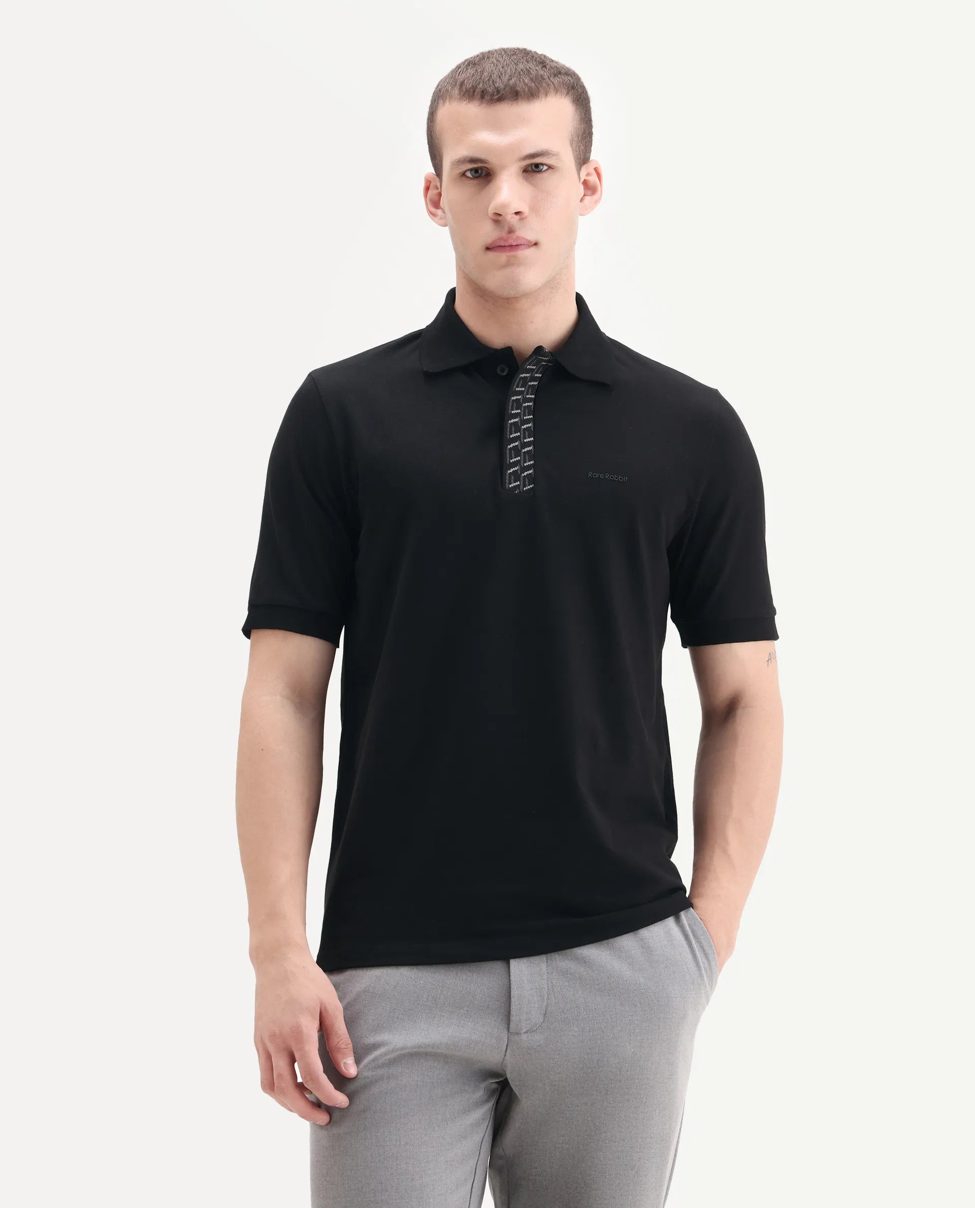 Rare Rabbit Men's Arko Black Cotton Plain Regular Fit Half Sleeve Polo