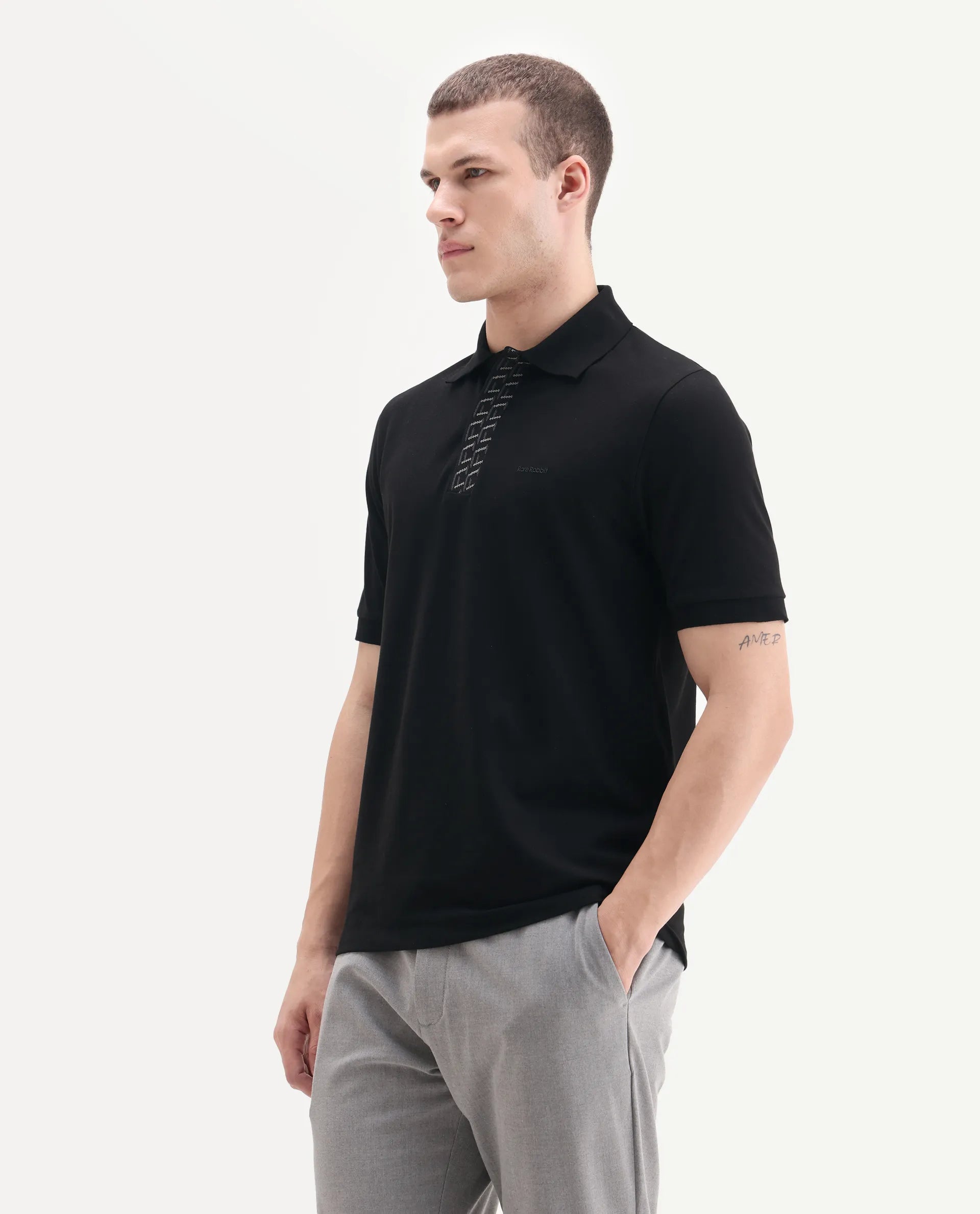 Rare Rabbit Men's Arko Black Cotton Plain Regular Fit Half Sleeve Polo