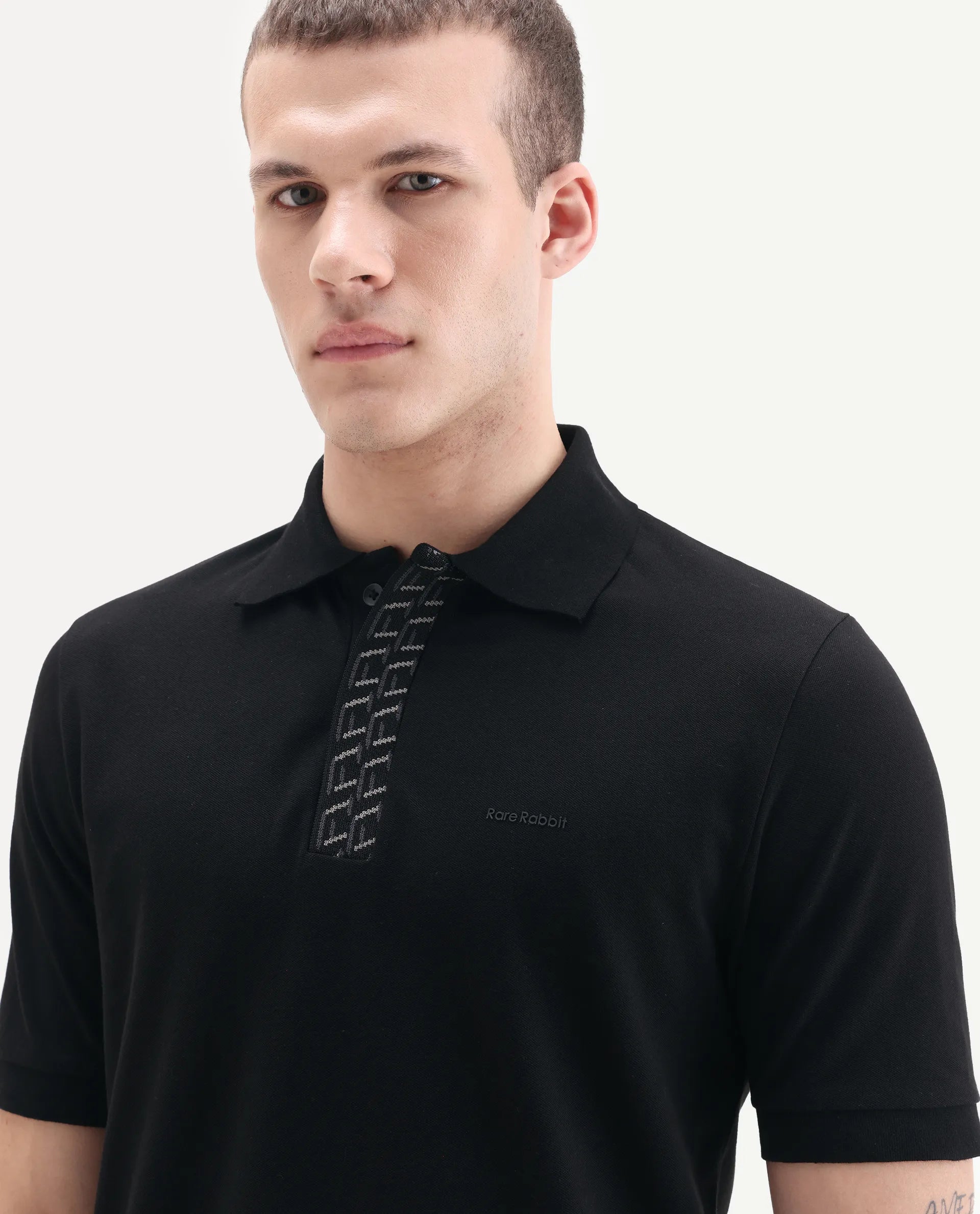 Rare Rabbit Men's Arko Black Cotton Plain Regular Fit Half Sleeve Polo