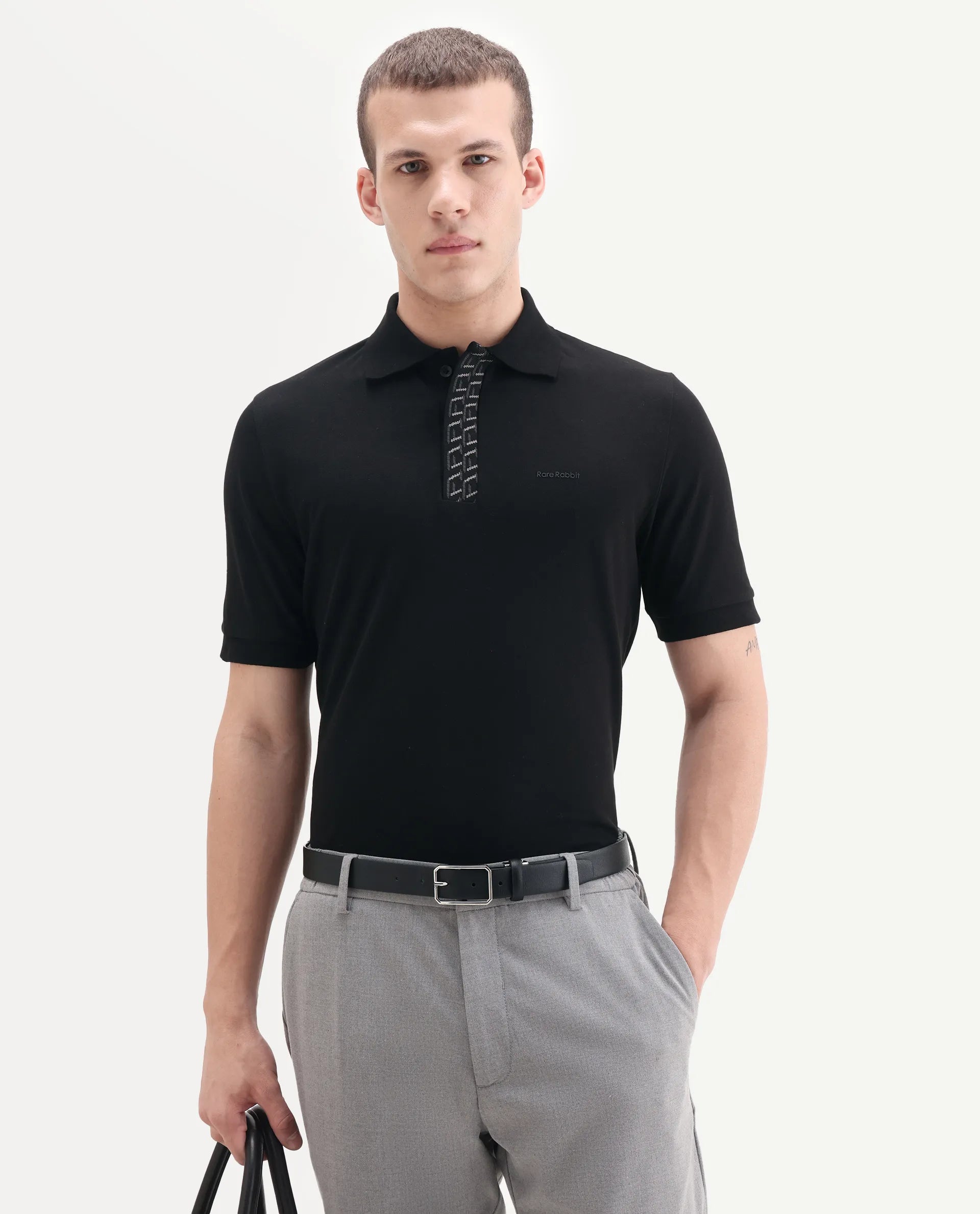 Rare Rabbit Men's Arko Black Cotton Plain Regular Fit Half Sleeve Polo