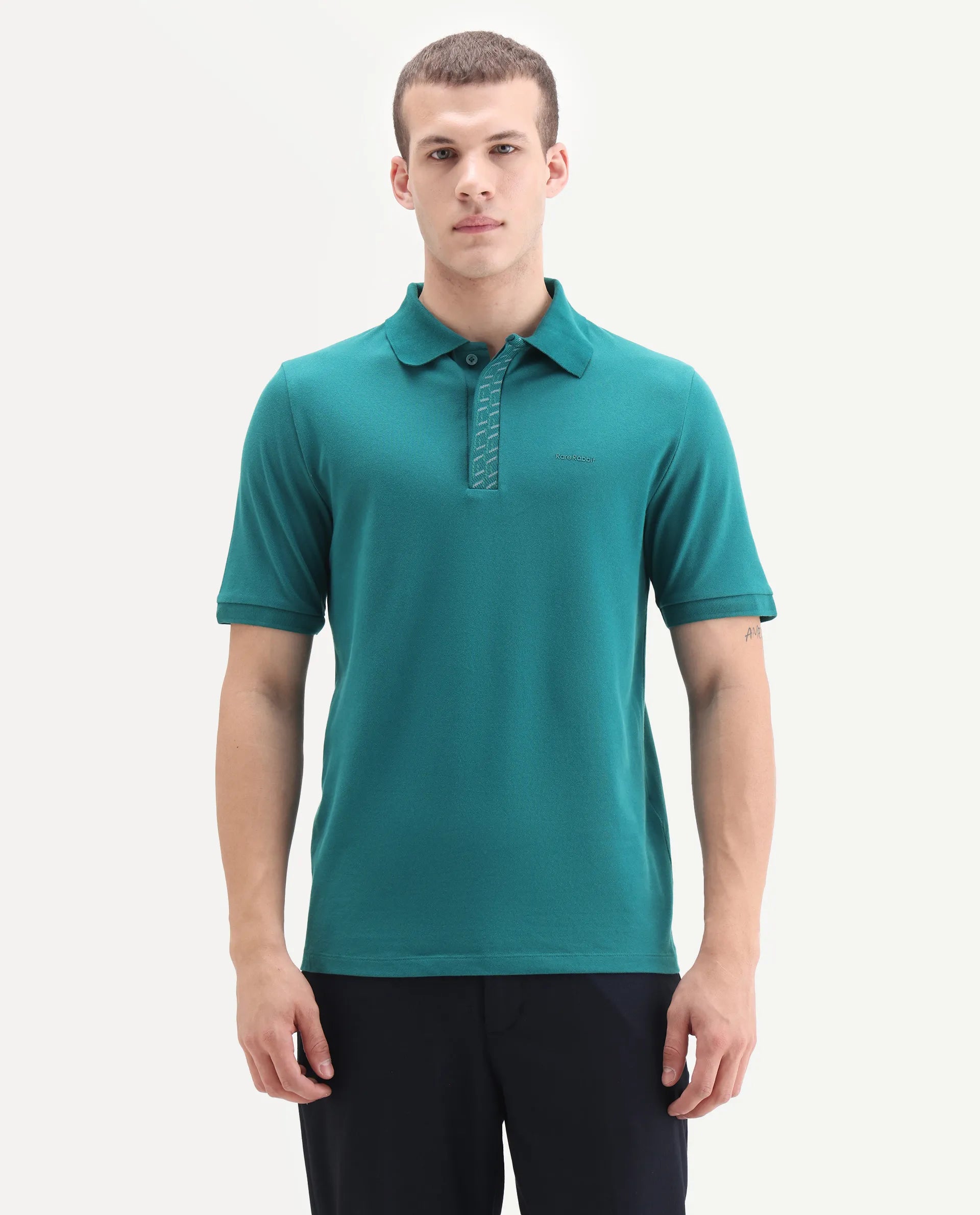 Rare Rabbit Men's Arko Green Cotton Plain Regular Fit Half Sleeve Polo