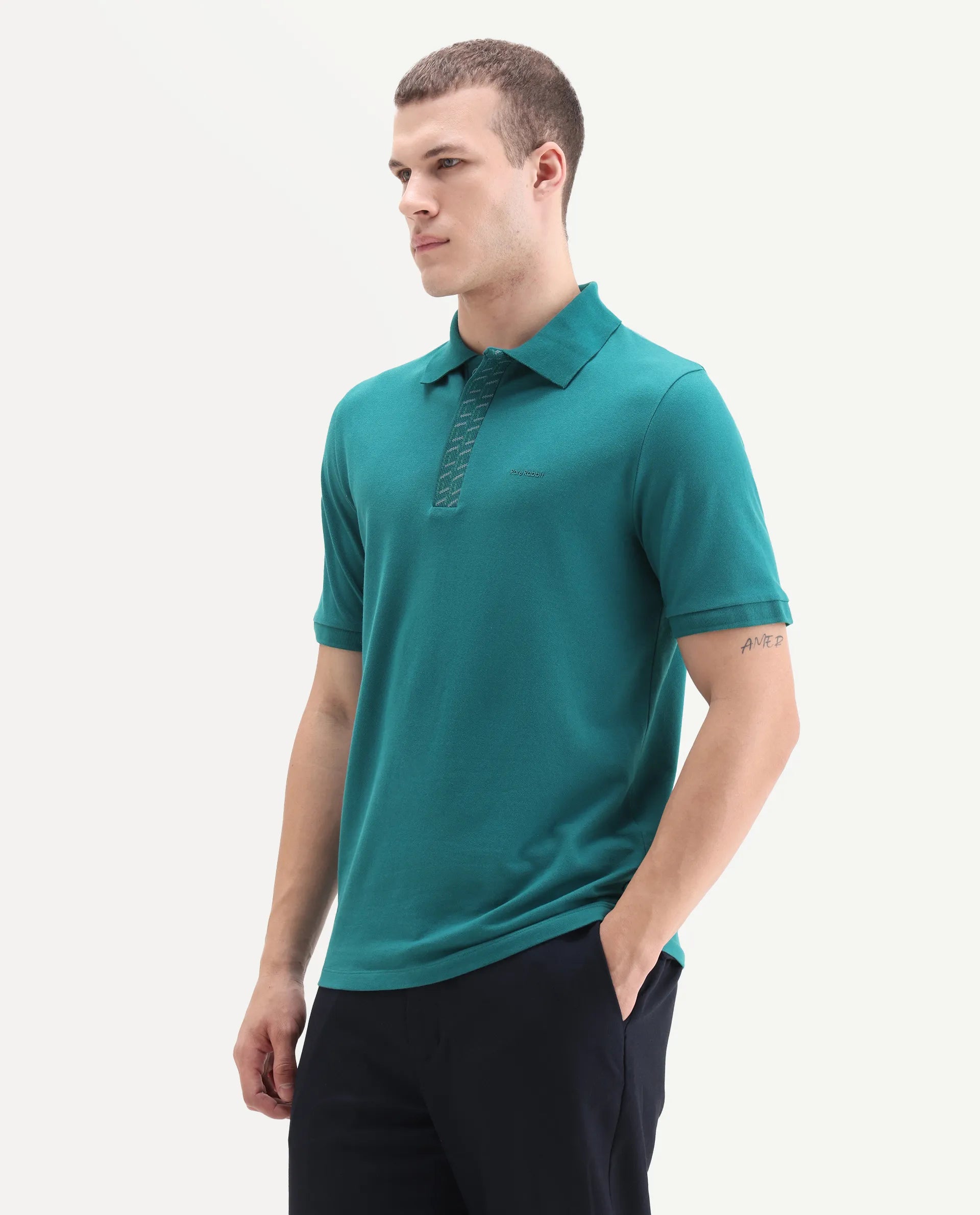 Rare Rabbit Men's Arko Green Cotton Plain Regular Fit Half Sleeve Polo