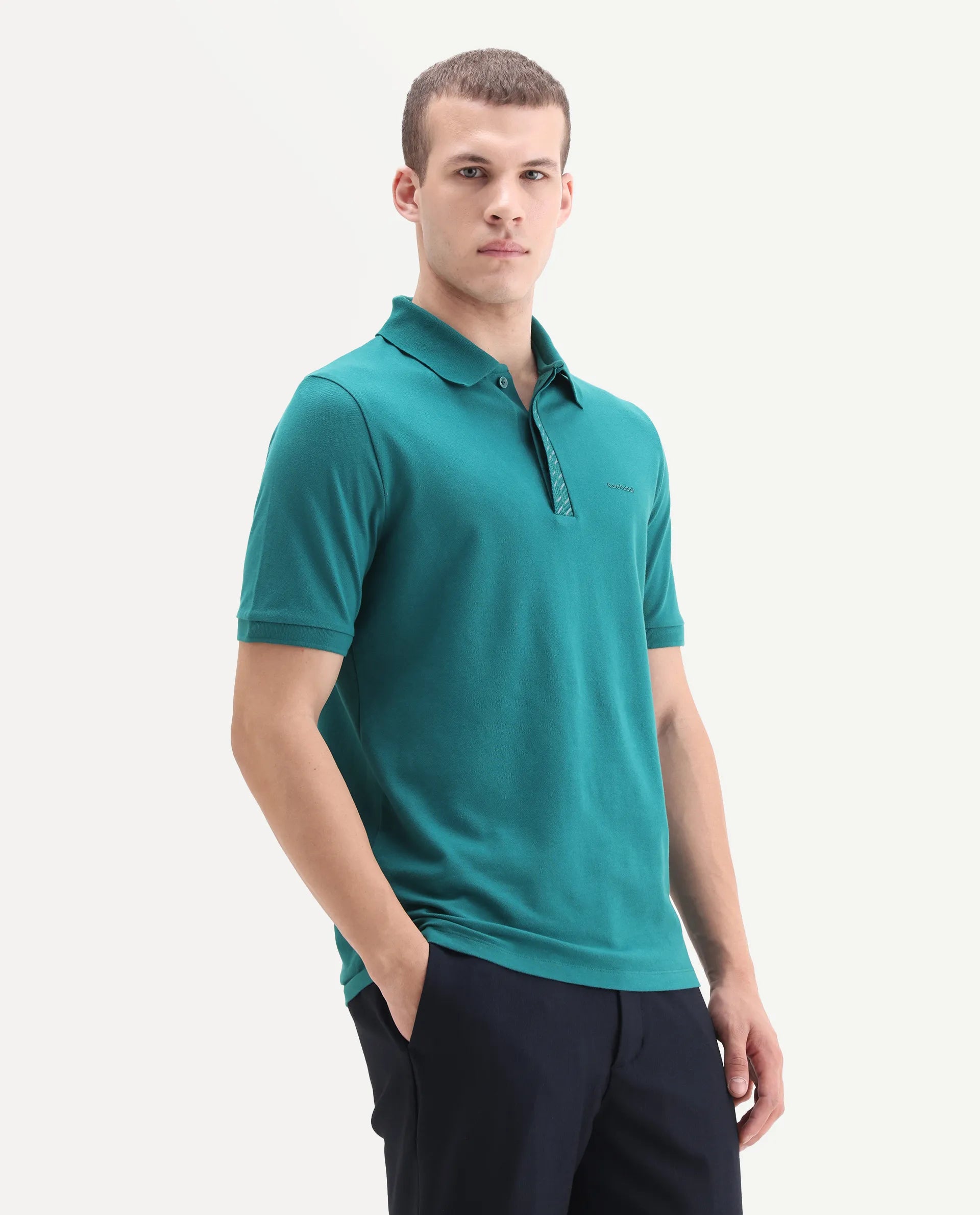 Rare Rabbit Men's Arko Green Cotton Plain Regular Fit Half Sleeve Polo