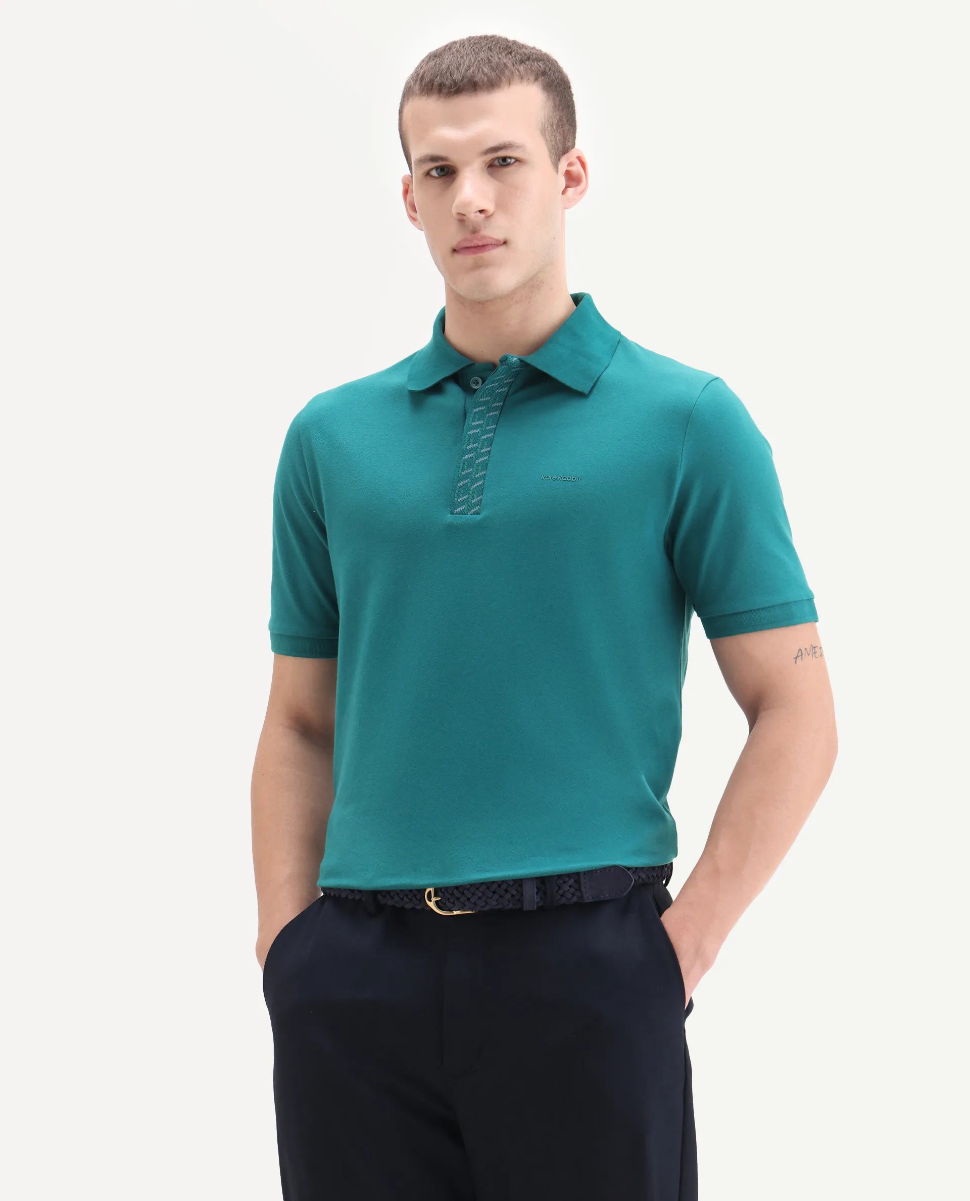 Rare Rabbit Men's Arko Green Cotton Plain Regular Fit Half Sleeve Polo