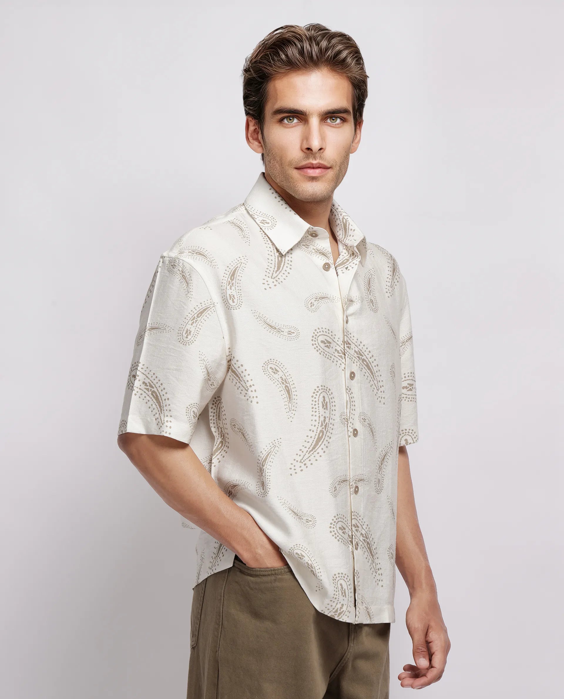 Rare Rabbit Men's Arkora Off White Cotton Paisley Print Regular Fit Half Sleeve Collared Shirt