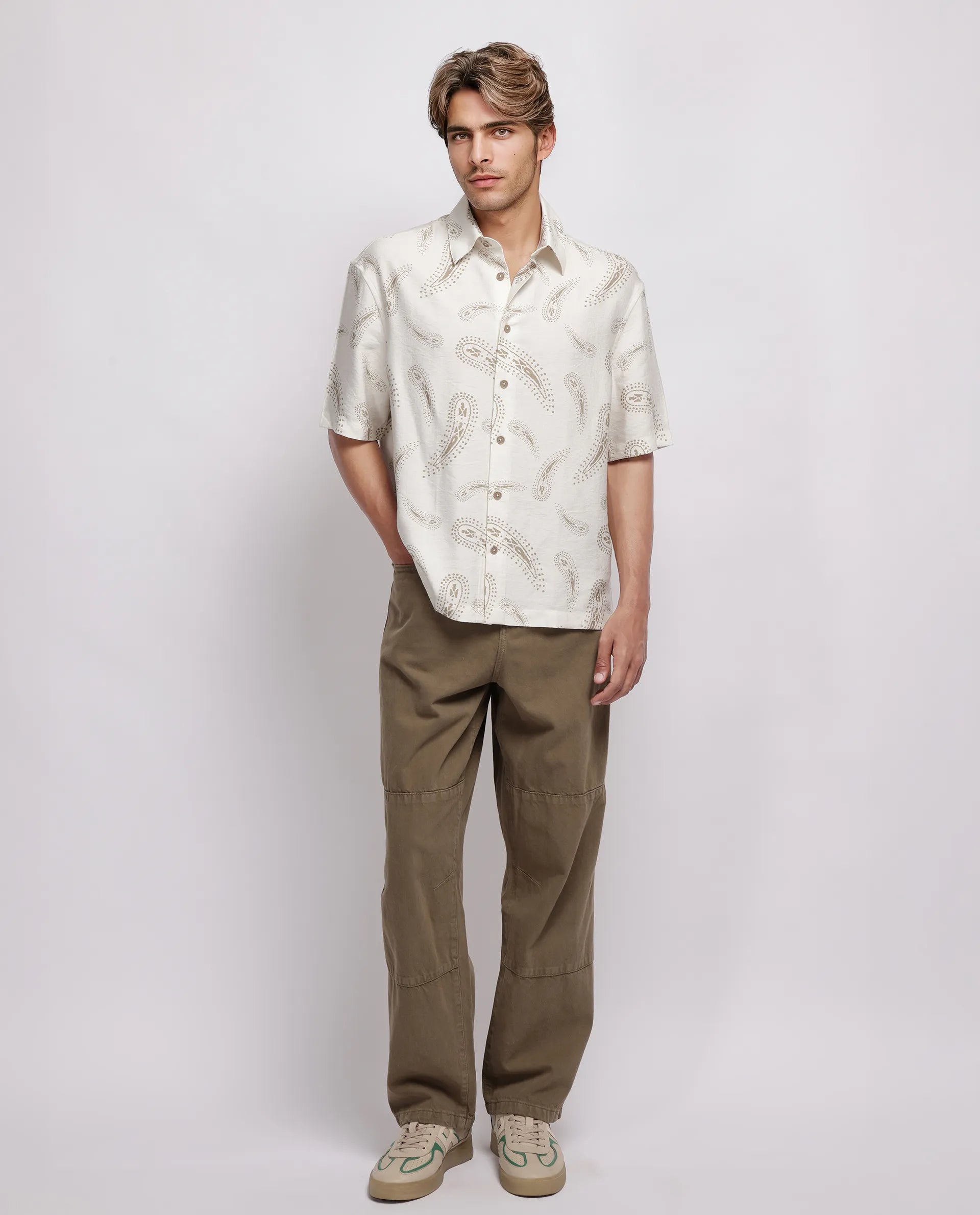 Rare Rabbit Men's Arkora Off White Cotton Paisley Print Regular Fit Half Sleeve Collared Shirt