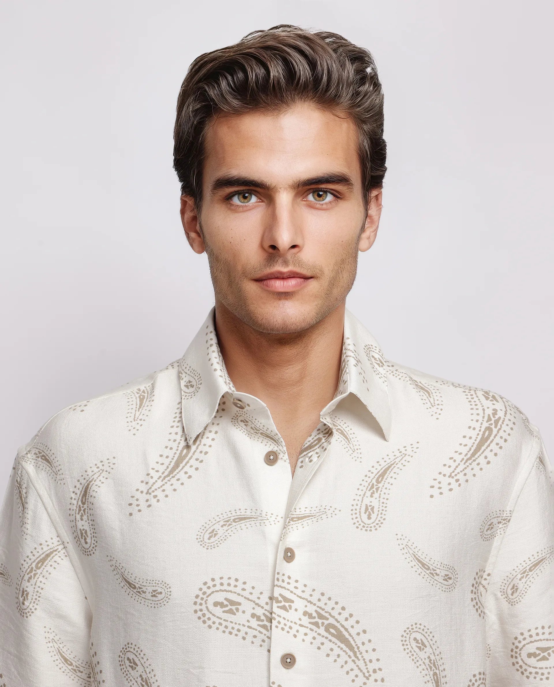 Rare Rabbit Men's Arkora Off White Cotton Paisley Print Regular Fit Half Sleeve Collared Shirt