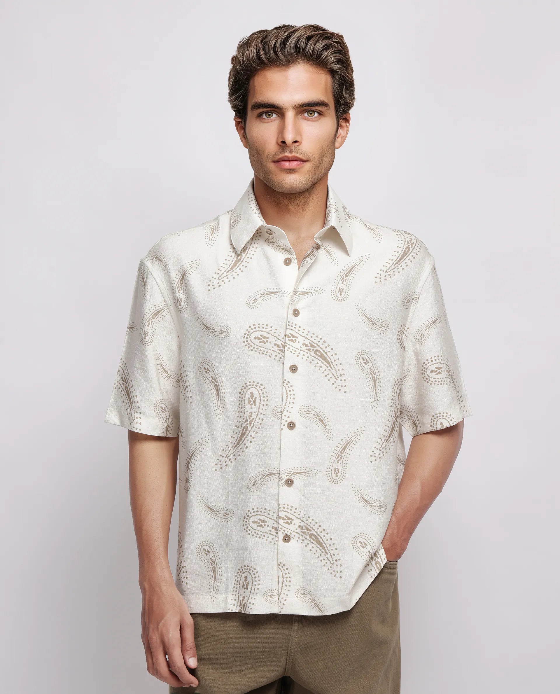 Rare Rabbit Men's Arkora Off White Cotton Paisley Print Regular Fit Half Sleeve Collared Shirt